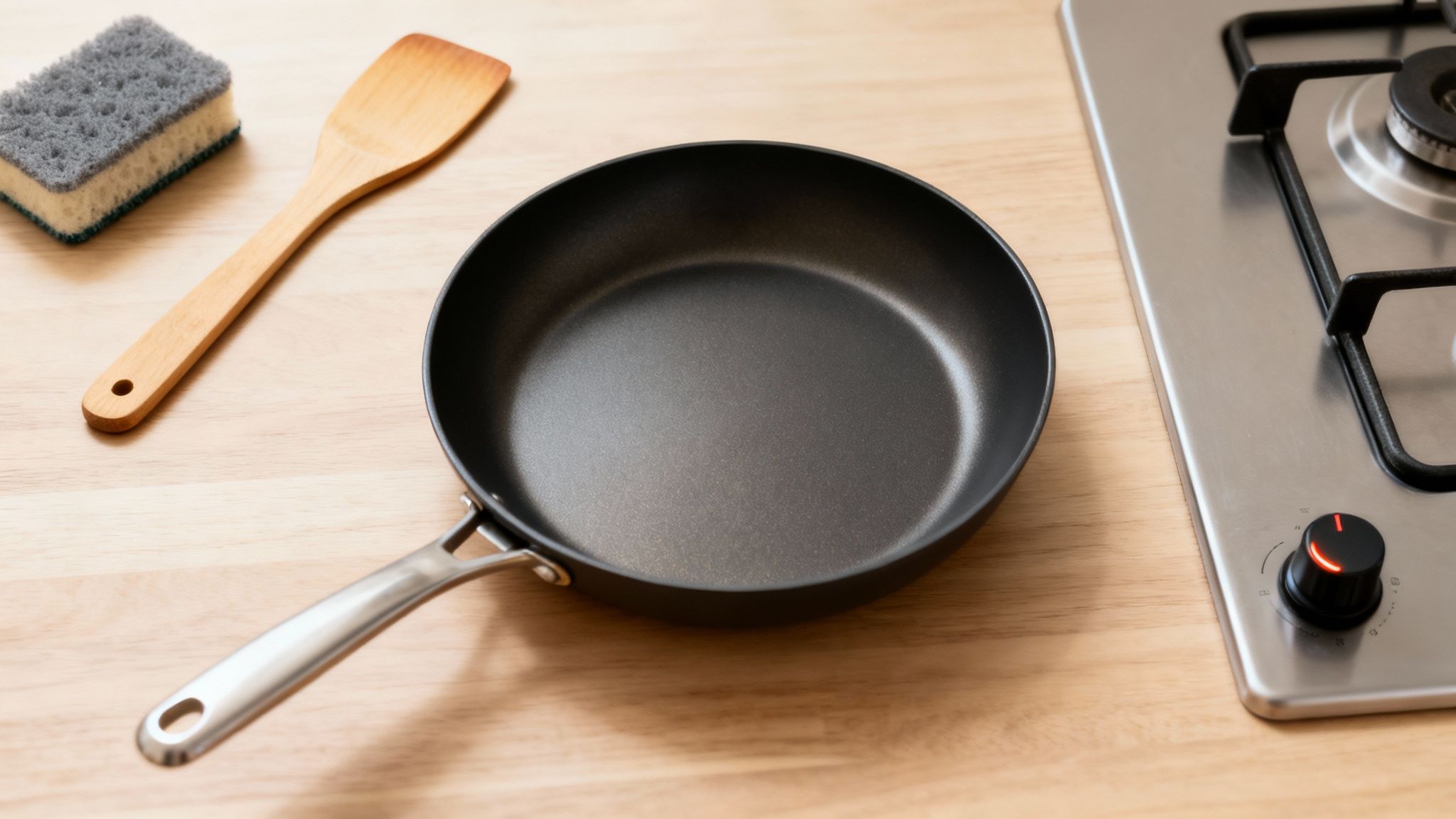 A clean non-stick frying pan, wooden spatula, and sponge on a light wooden kitchen counter.