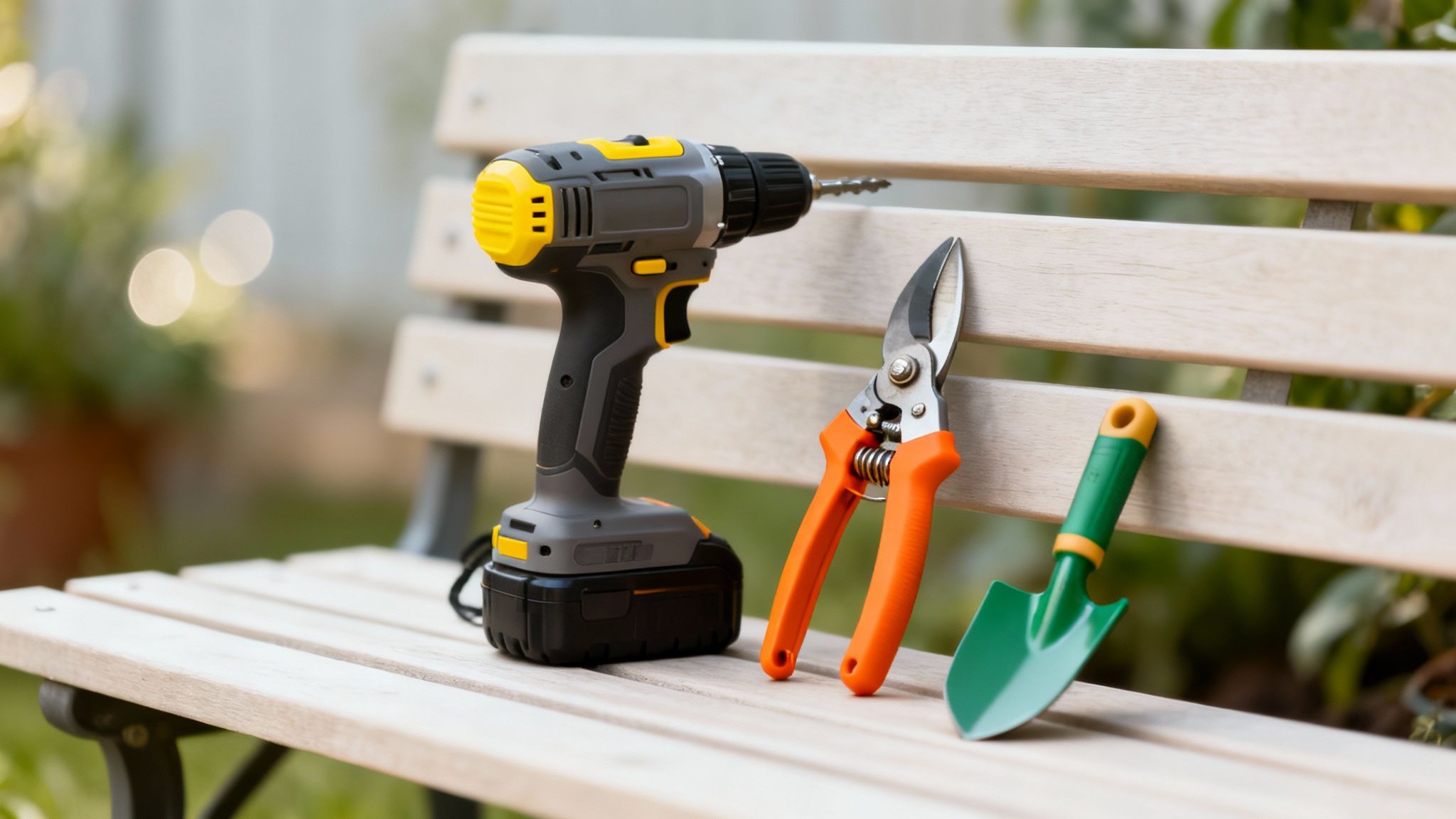 A collection of high-quality garden tools neatly arranged on a wooden surface.