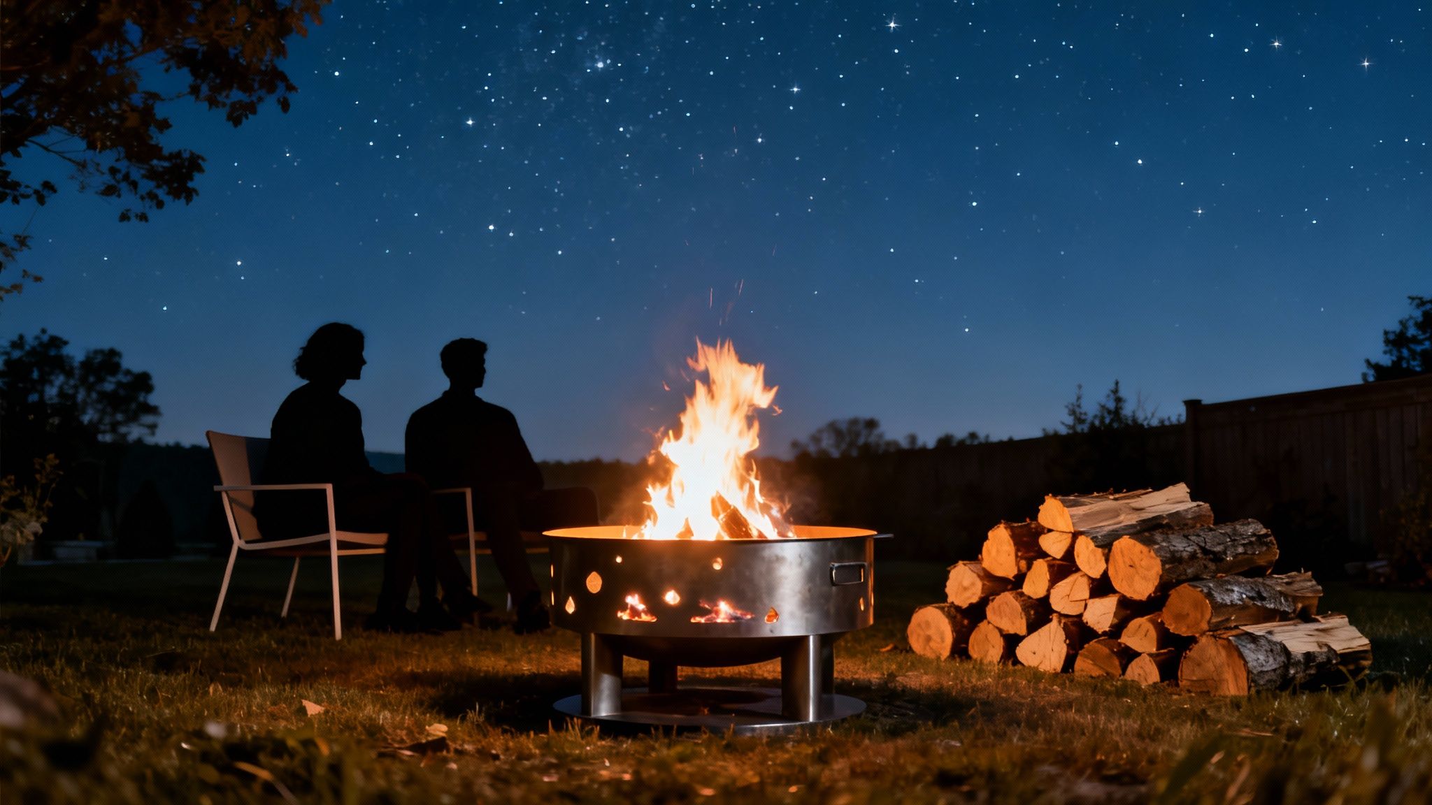 Two people sit by a glowing fire pit under a stunning starry night sky with firewood.