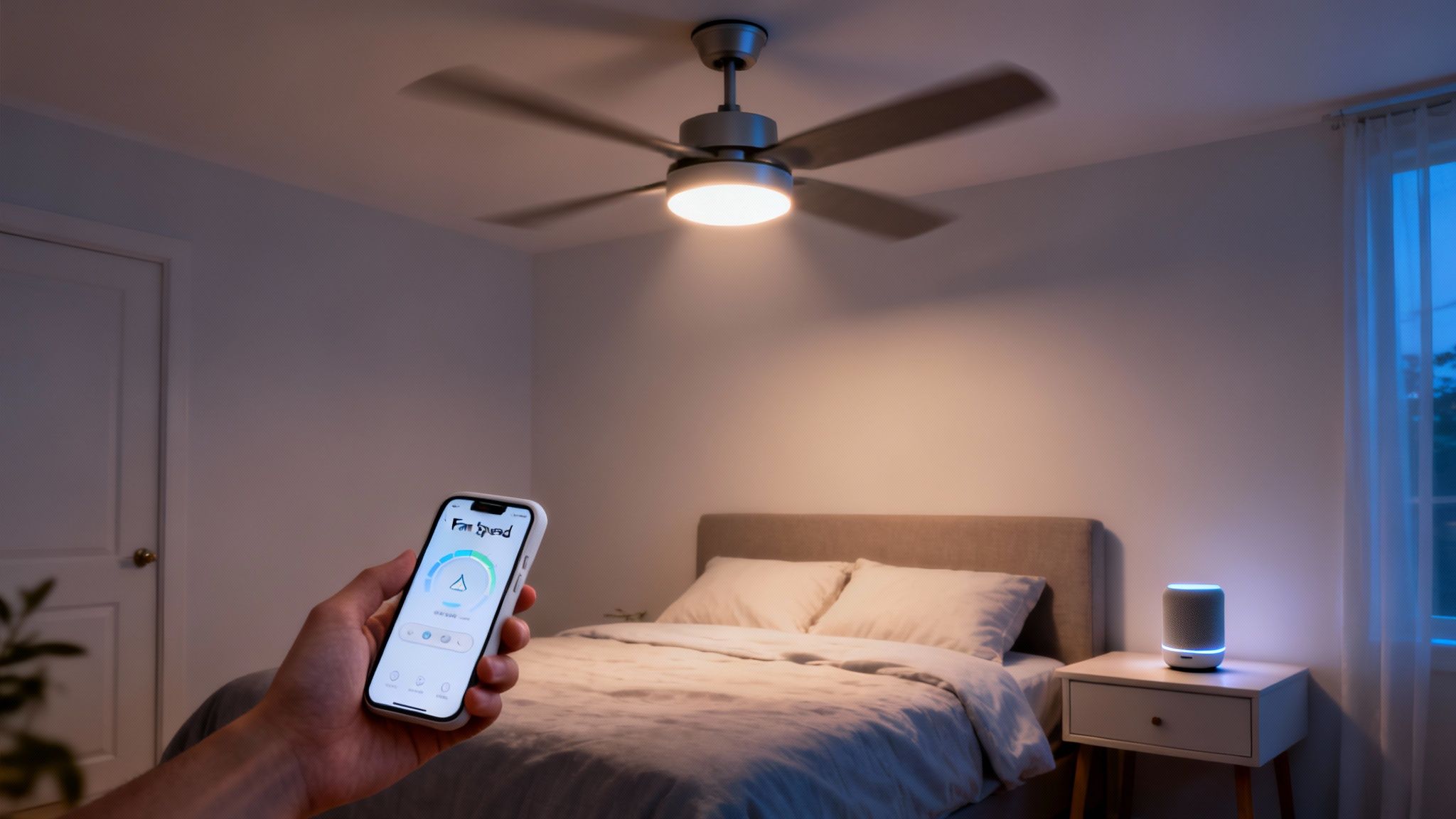 Hand holding a smartphone controlling a smart ceiling fan with light in a modern bedroom.