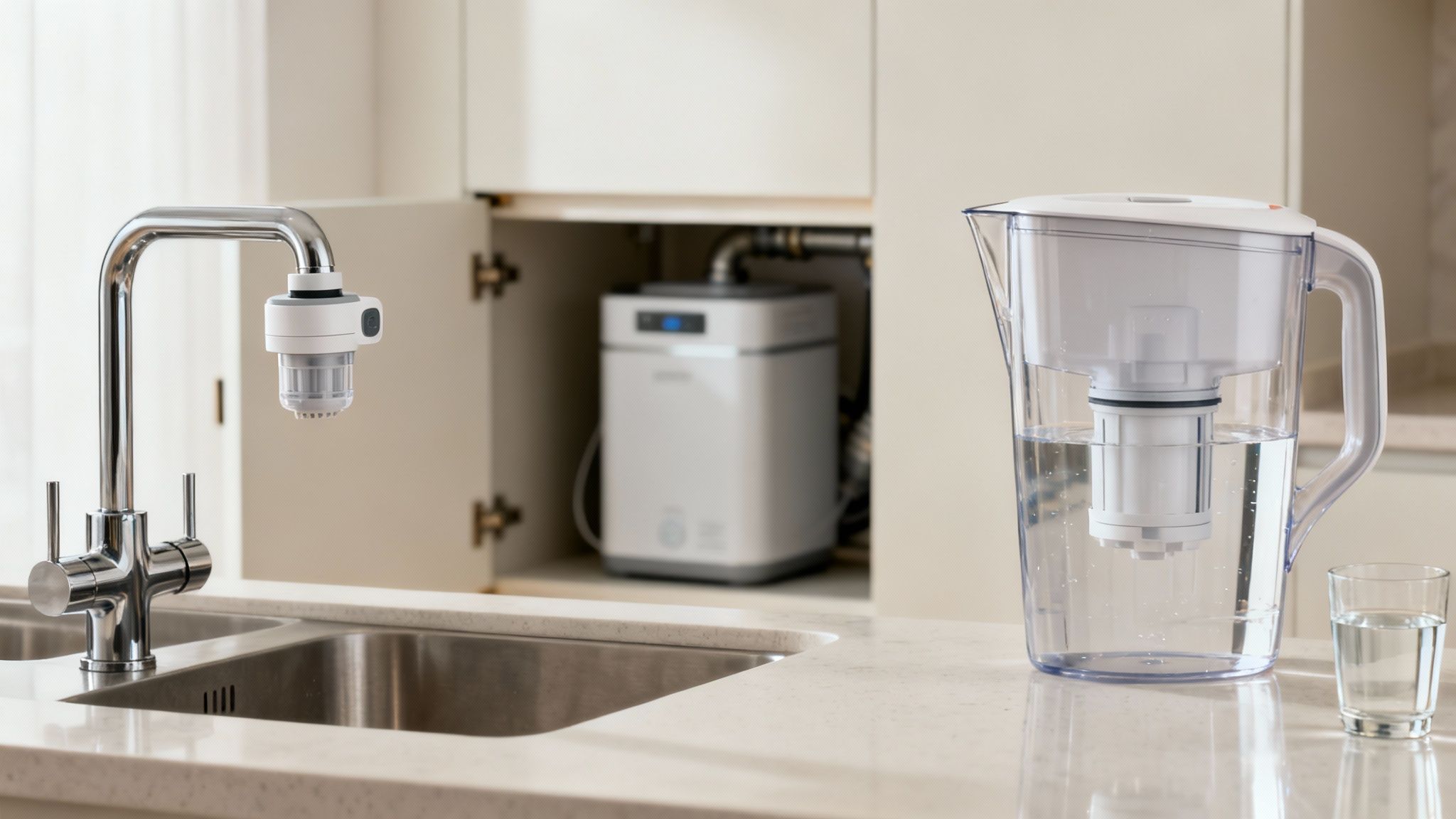 Three water purification methods shown in a kitchen: a faucet filter, an under-sink system, and a pitcher.