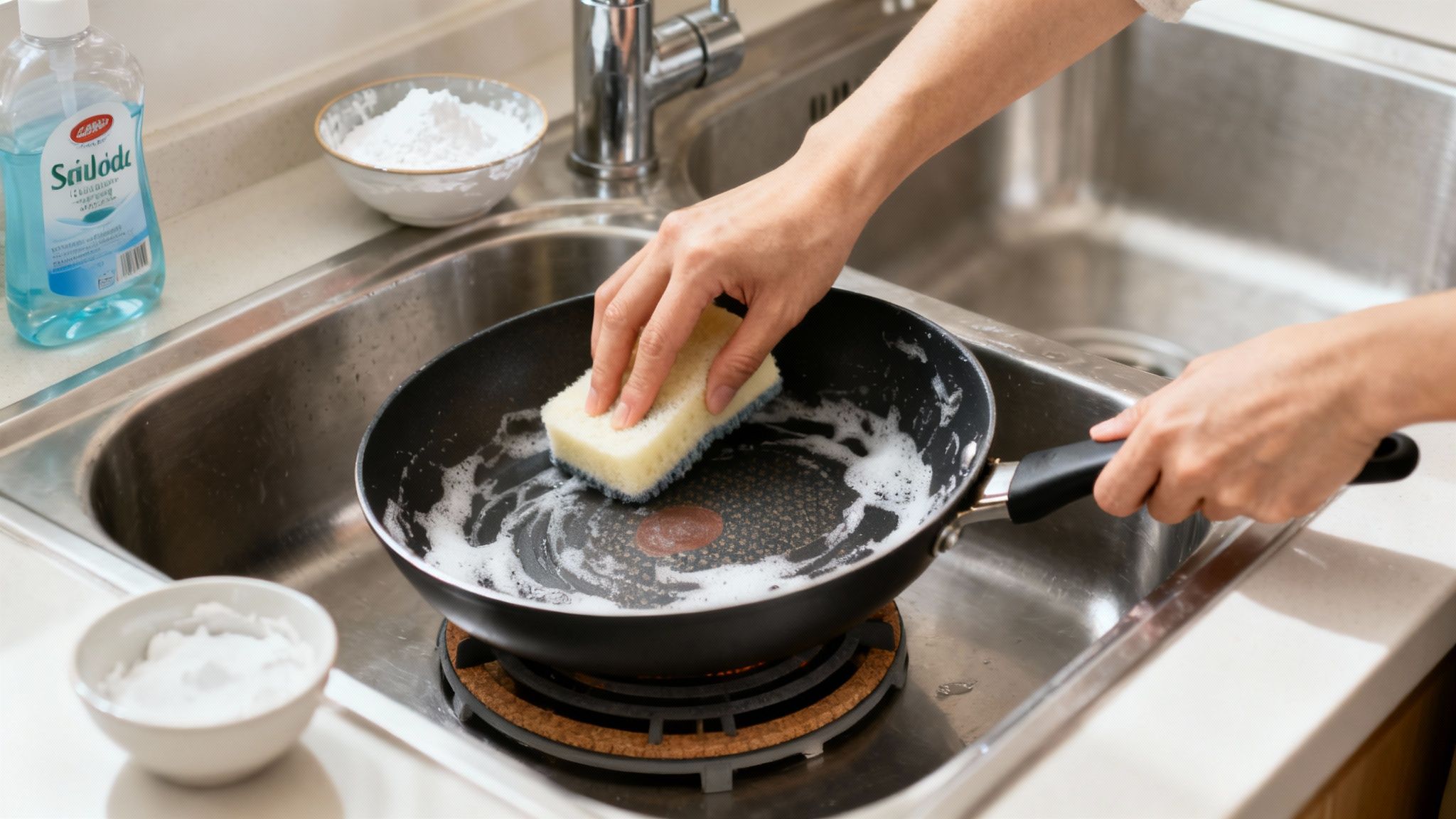 Close-up of hands cleaning a nonstick frying pan with a sponge and soap in a kitchen sink.