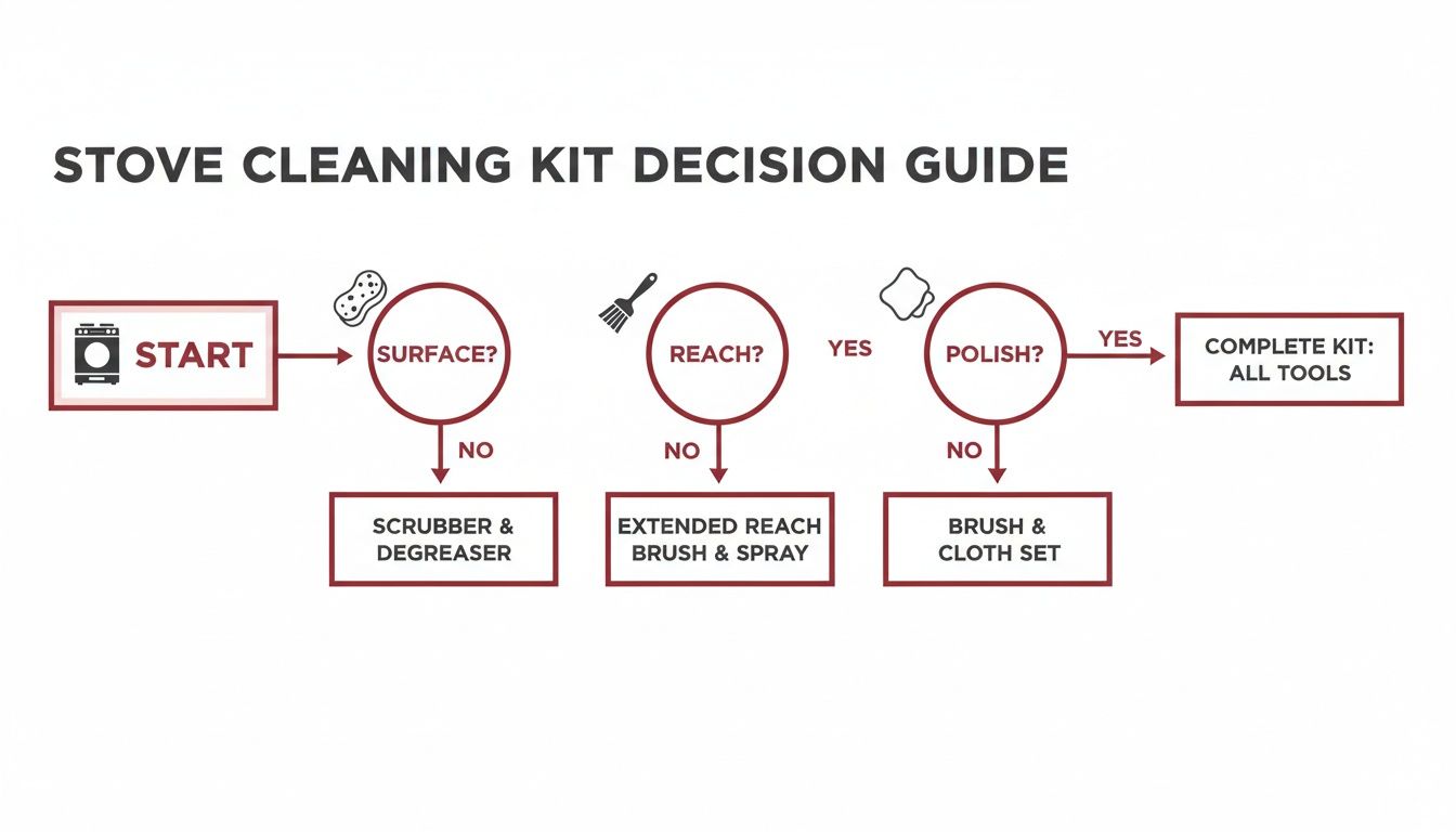 A flowchart titled 'Stove Cleaning Kit Decision Guide' illustrating choices based on surface, reach, and polish needs.