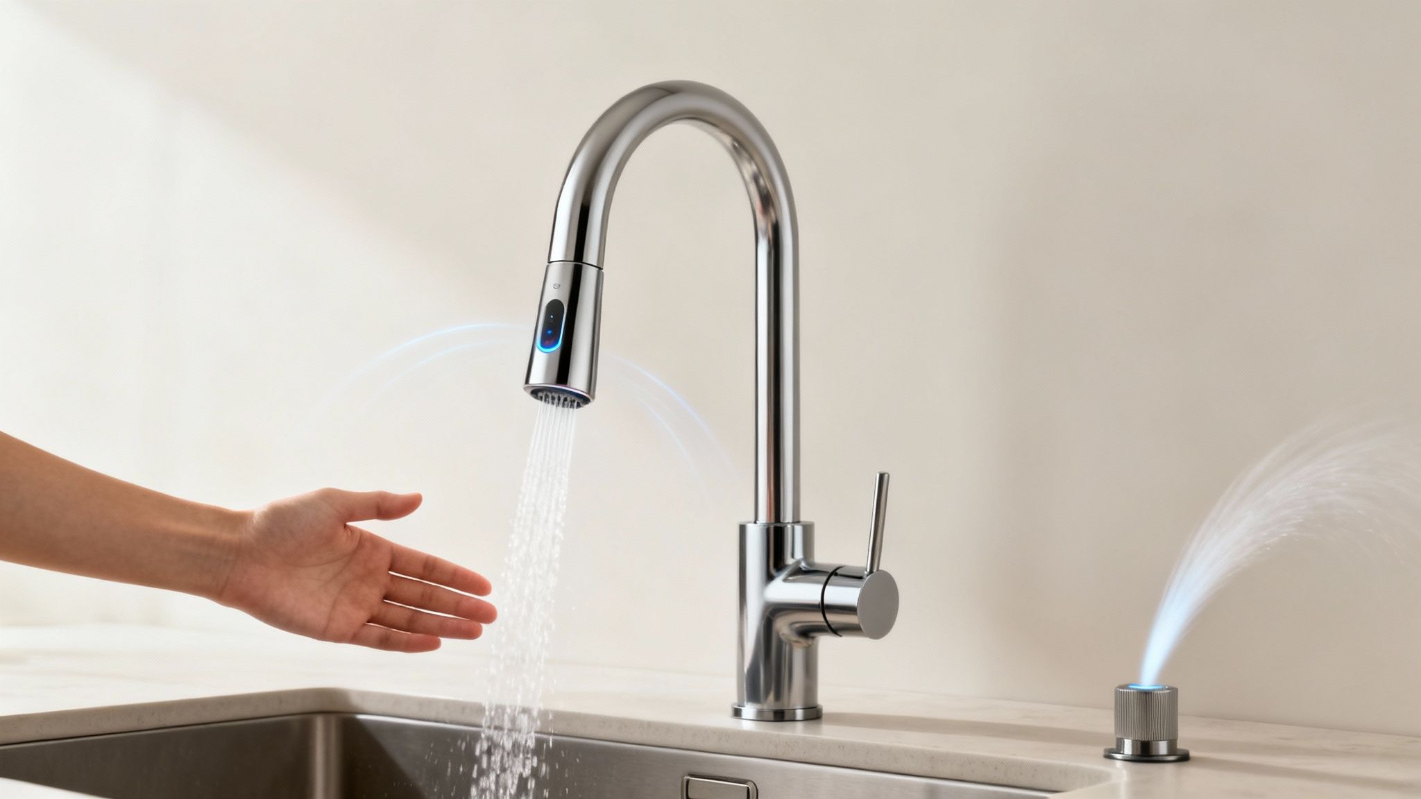 A hand under a modern chrome kitchen faucet with blue light accents, dispensing water into a sink.