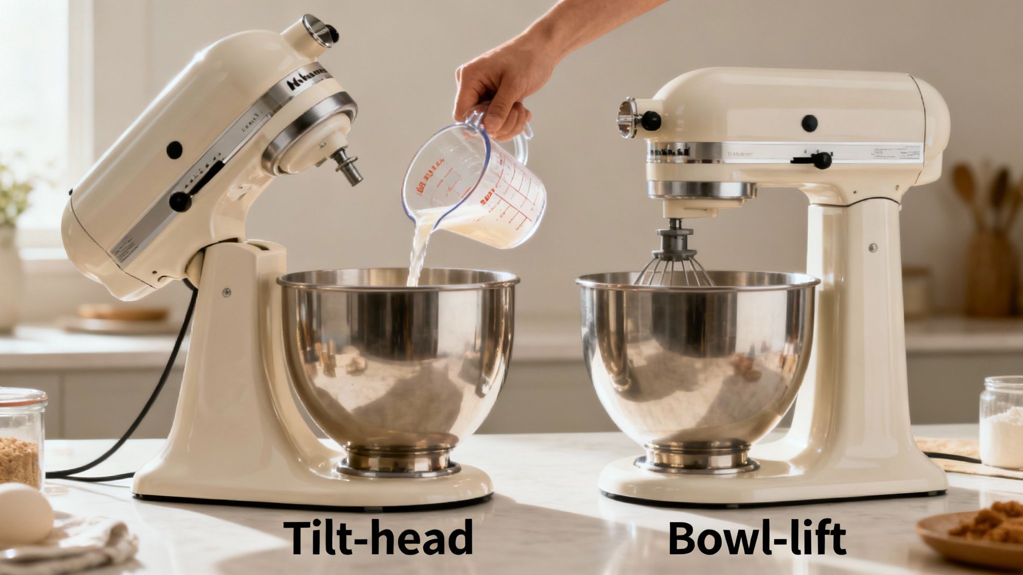 A hand pours liquid into a tilt-head KitchenAid mixer next to a bowl-lift mixer.