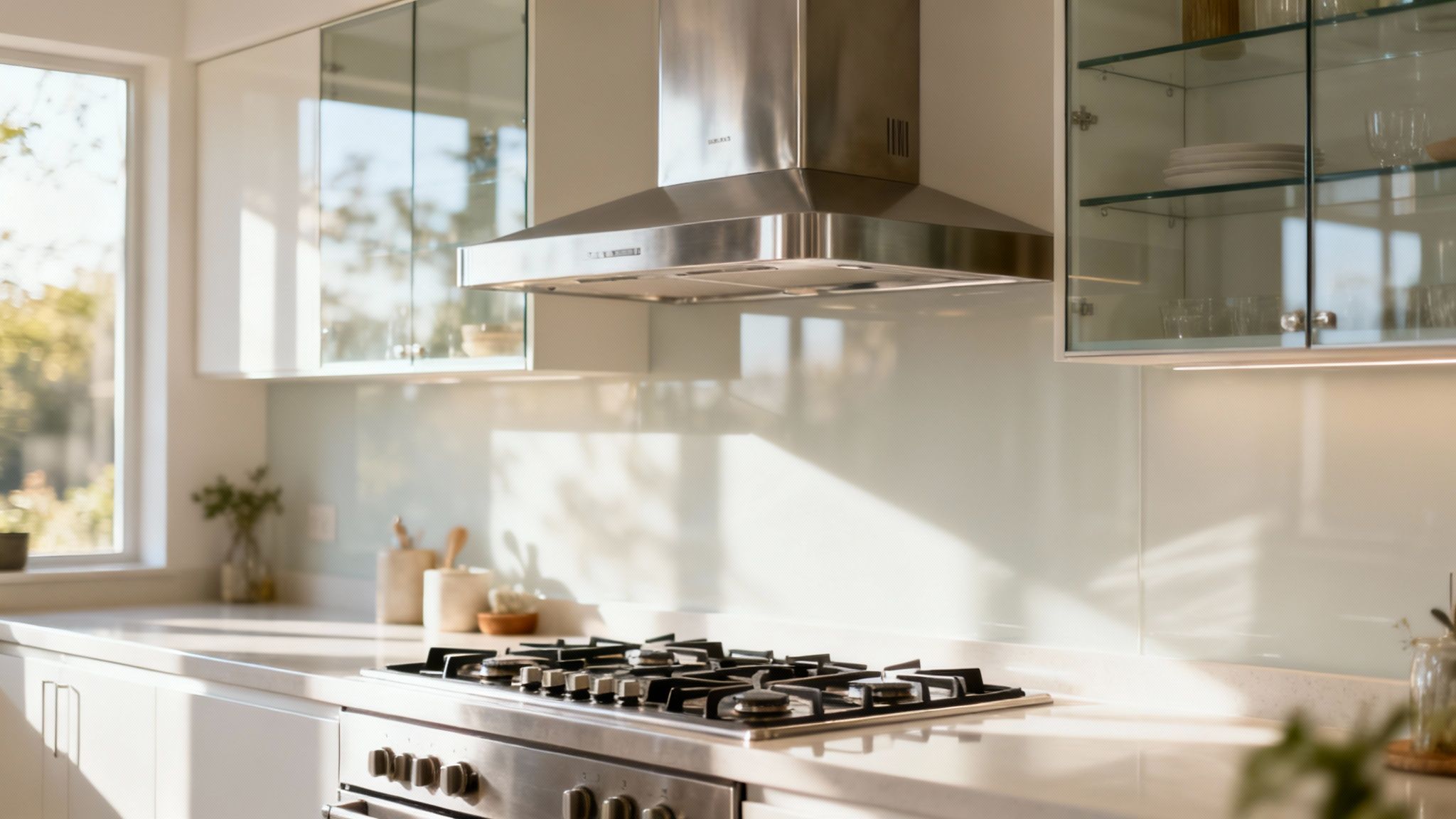 A well-lit modern kitchen featuring a stainless steel range hood, gas stove, and white cabinets.
