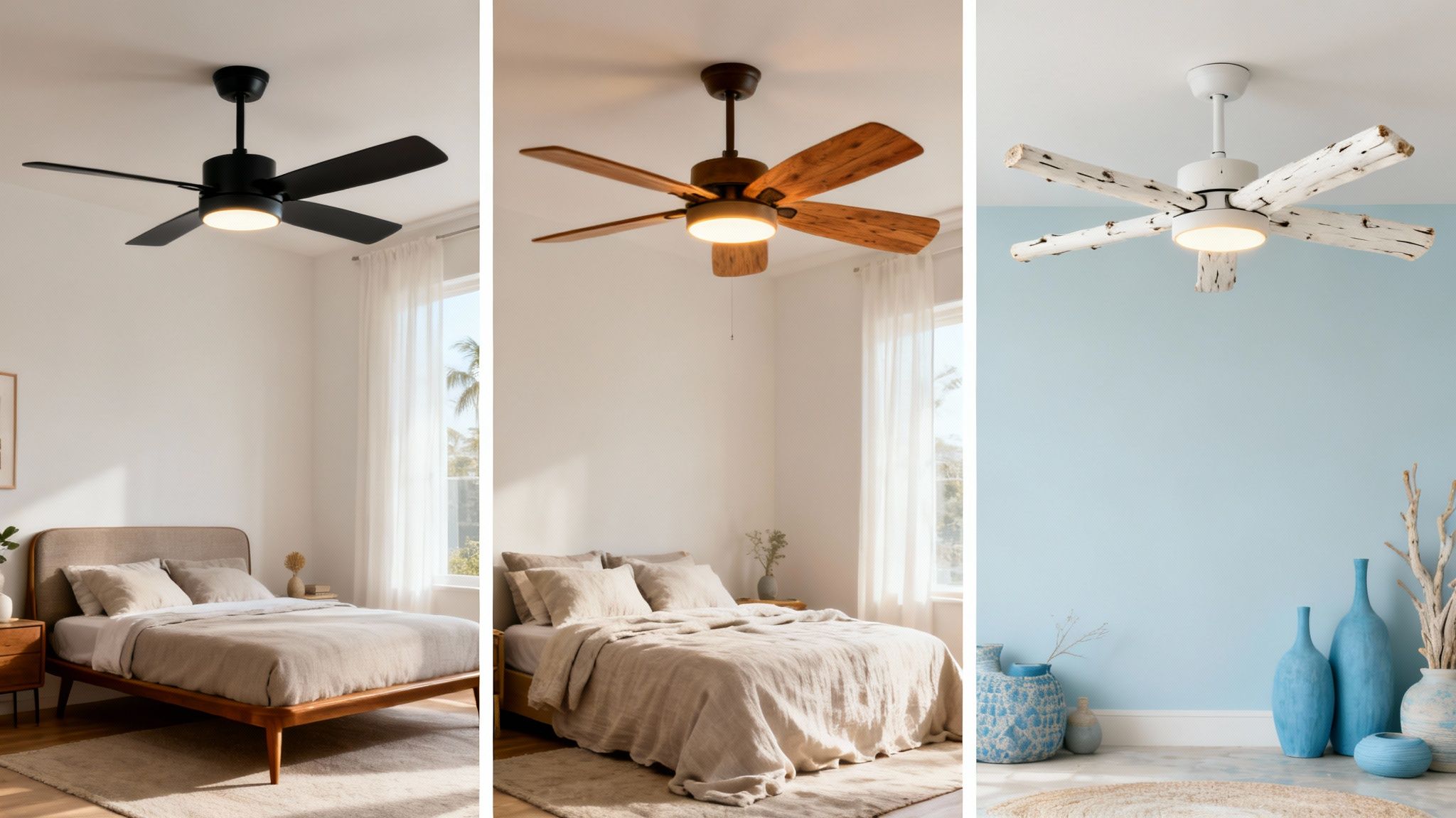 Three bedrooms featuring different styles of ceiling fans: black, wooden, and white rustic.