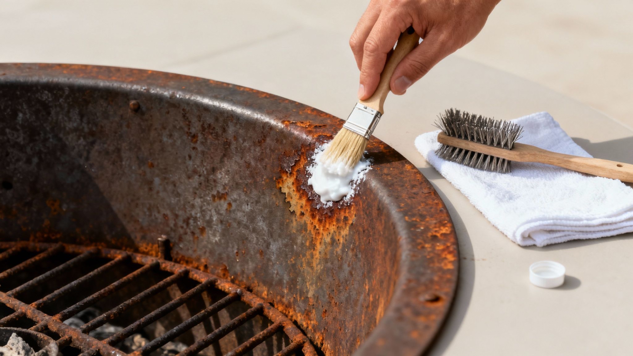 A hand brushes white rust treatment onto a heavily rusted metal fire pit.