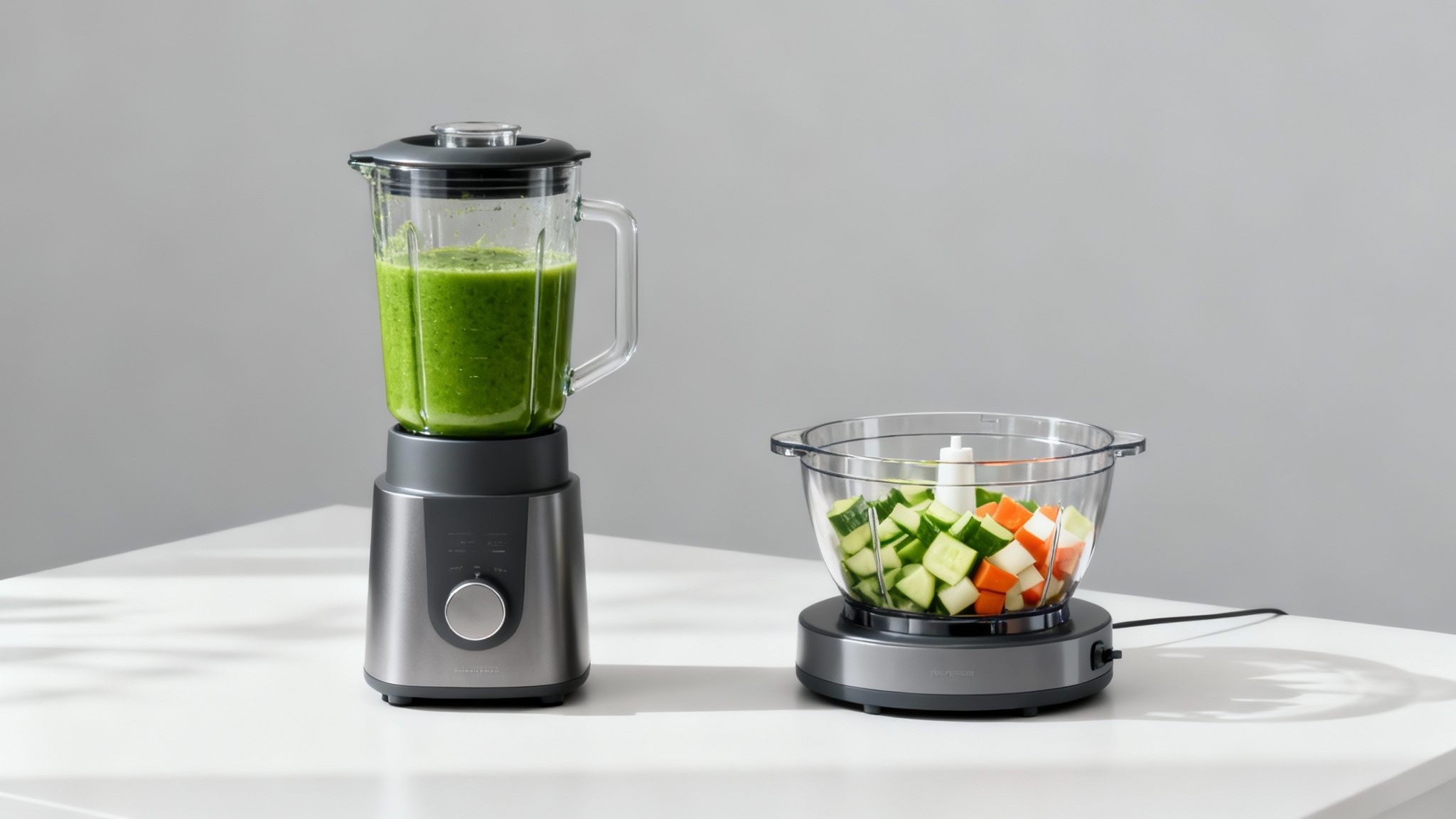 A side-by-side view of a sleek, modern blender and a versatile food processor on a kitchen counter, ready for use.