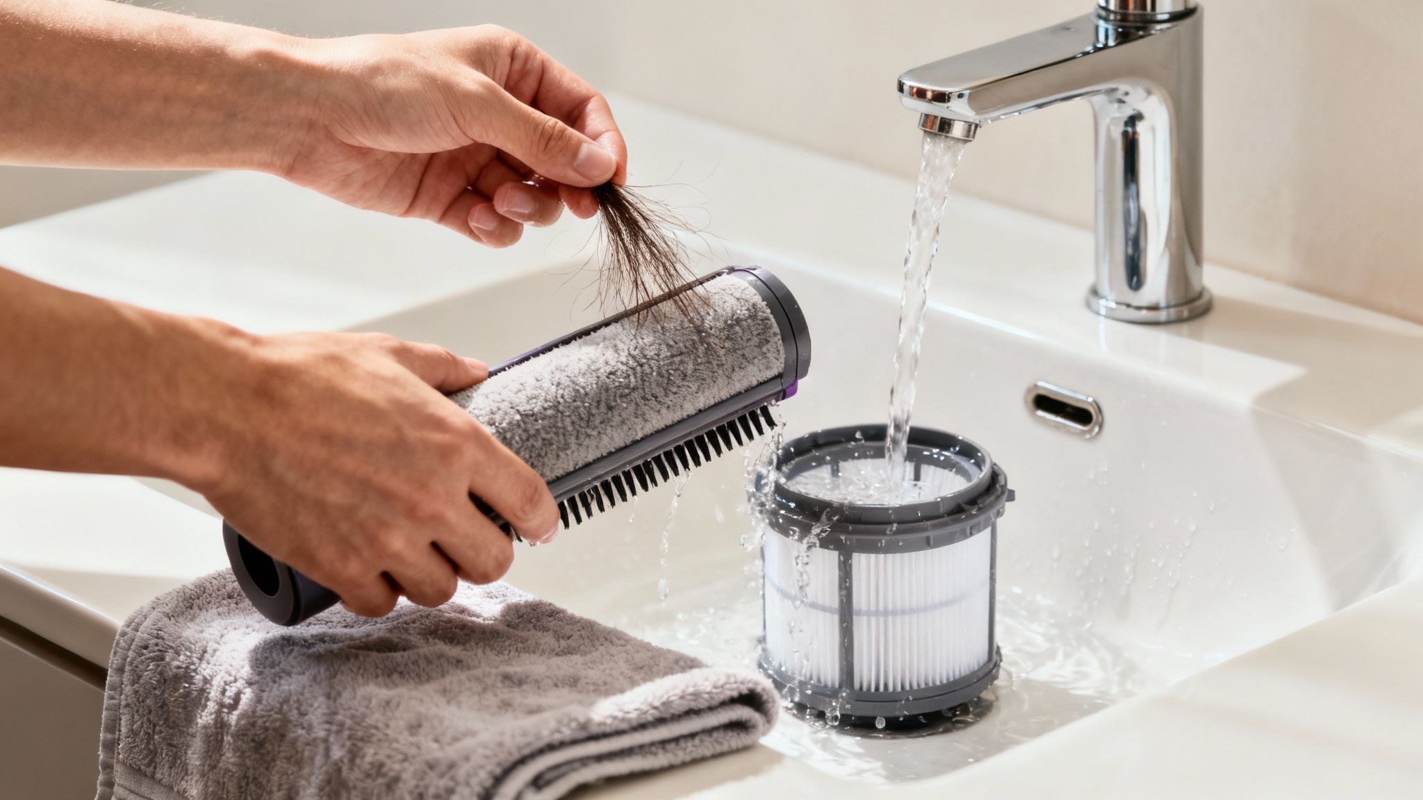 A person cleaning the filter of a pet hair vacuum over a trash can.