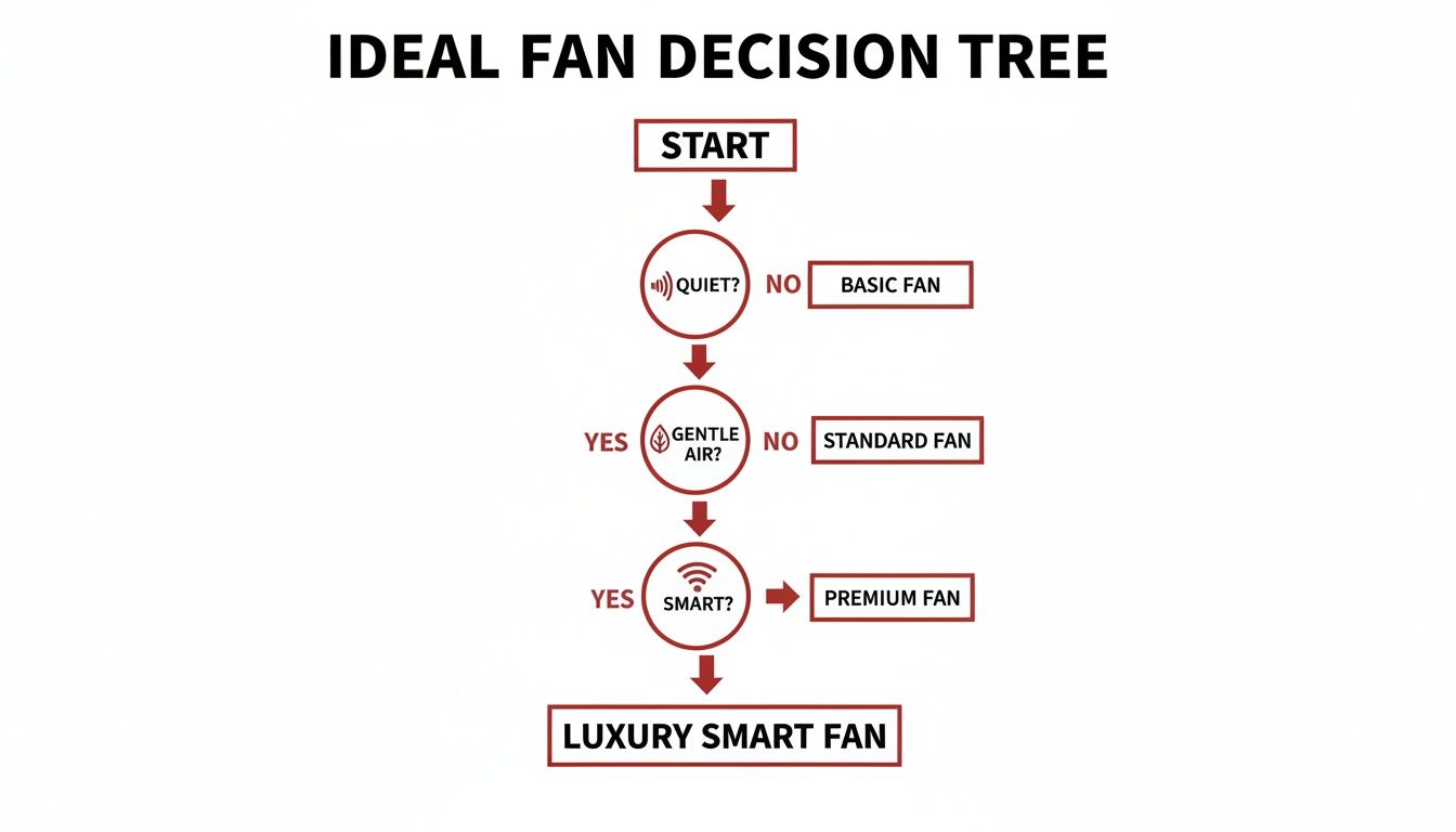 Decision tree for ideal fan selection, guiding choices based on quietness, gentle air, and smart features.