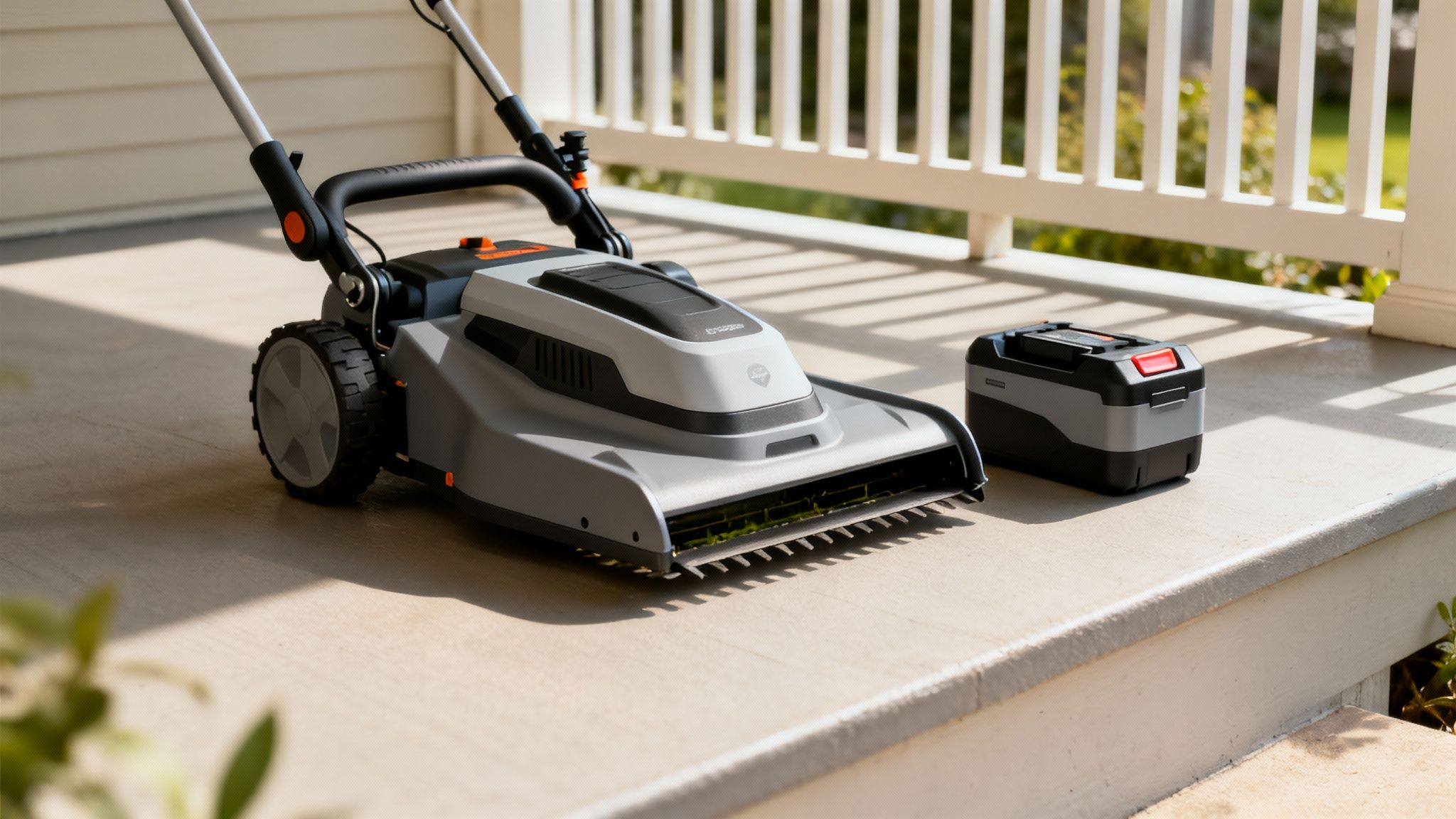 Cordless electric lawn mower with rechargeable battery on white deck porch