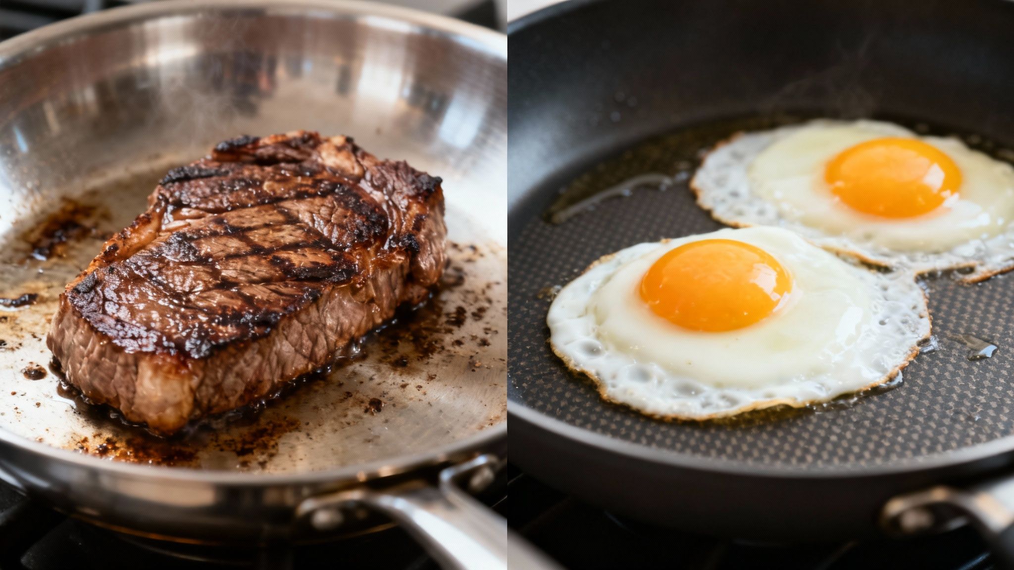 A chef searing a steak in a stainless steel pan, with a visible golden-brown crust.