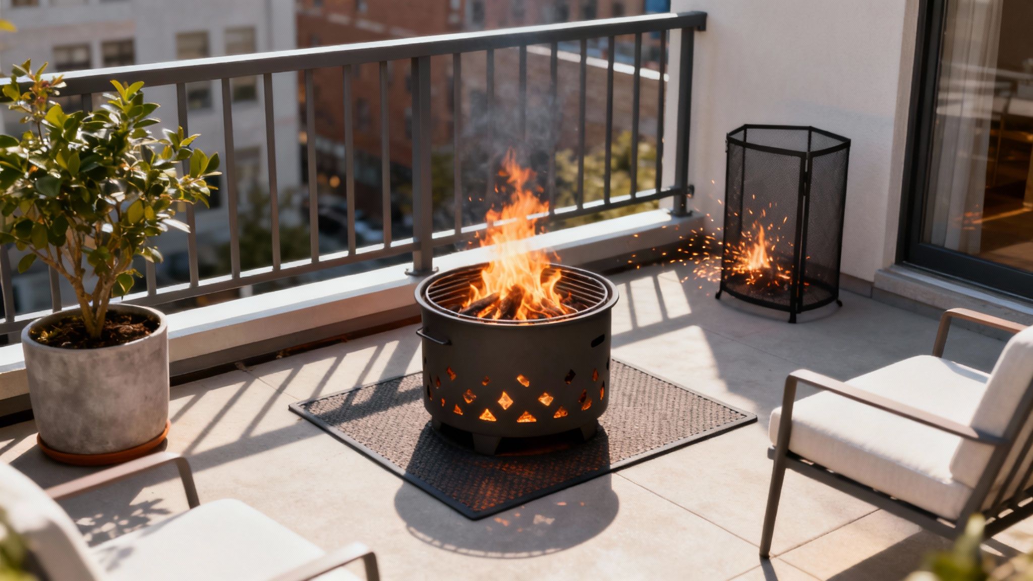 A group of friends enjoying a fire pit on a spacious stone patio at dusk.