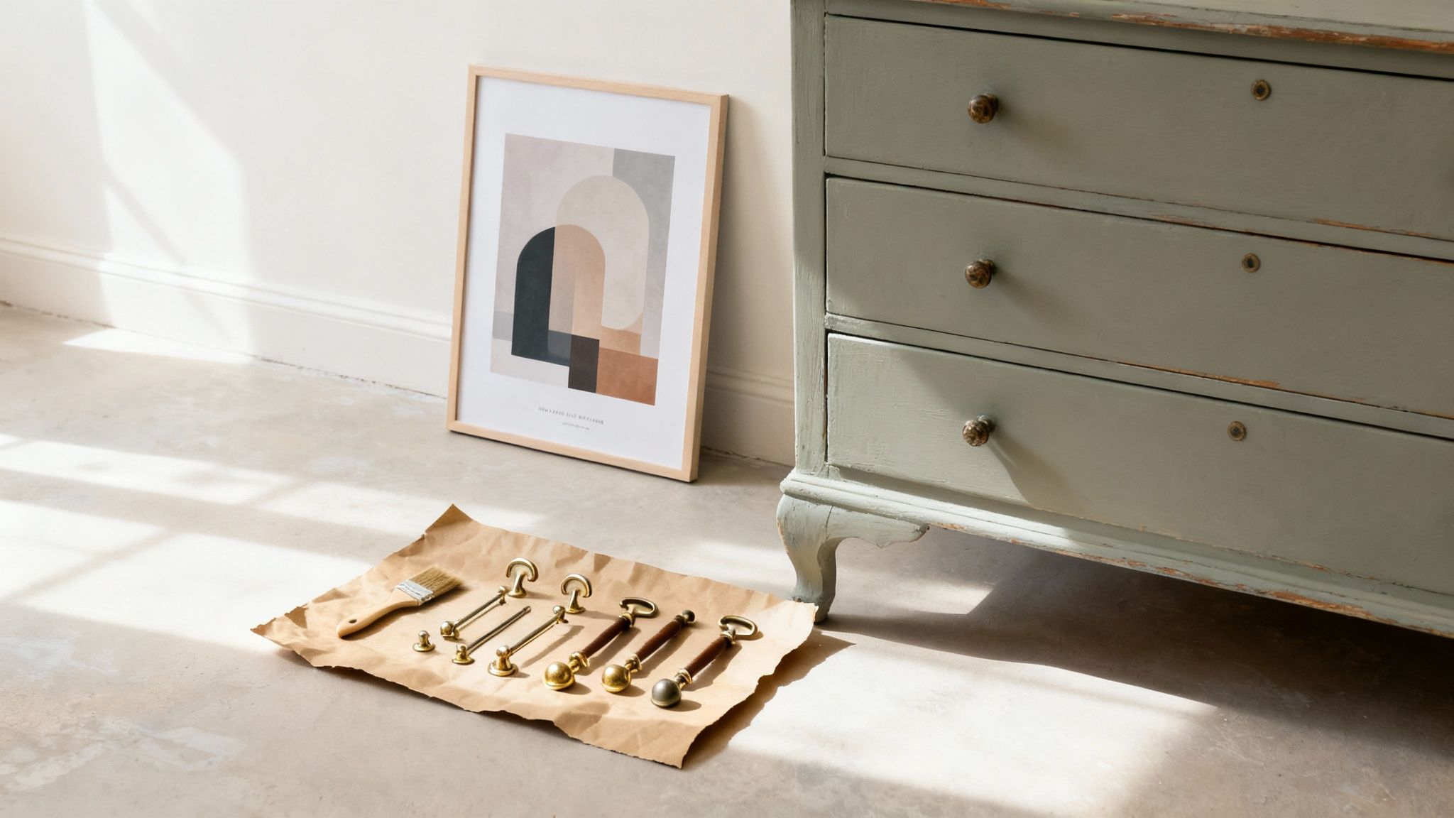 Furniture renovation scene with a sage green dresser, new brass handles, and abstract art.
