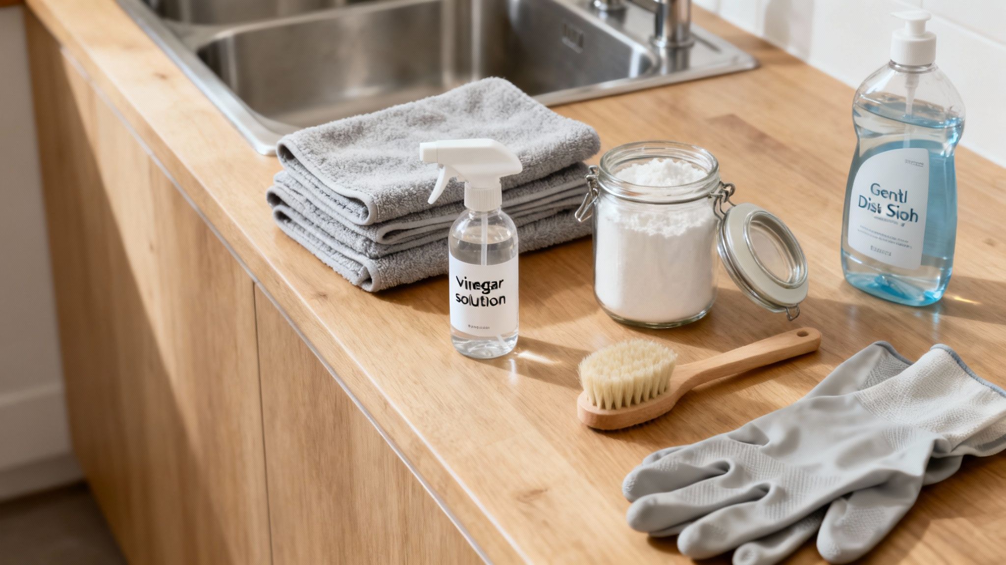 A collection of cleaning supplies including microfiber cloths, a spray bottle, and a bowl of baking soda.