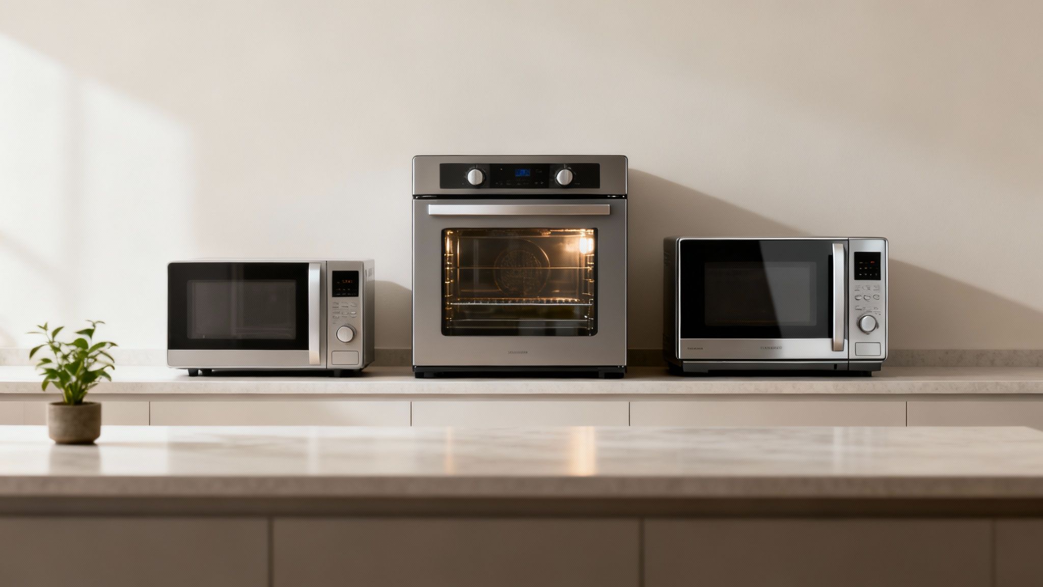 Three stainless steel kitchen appliances: two microwaves and a built-in convection oven, on a modern countertop.