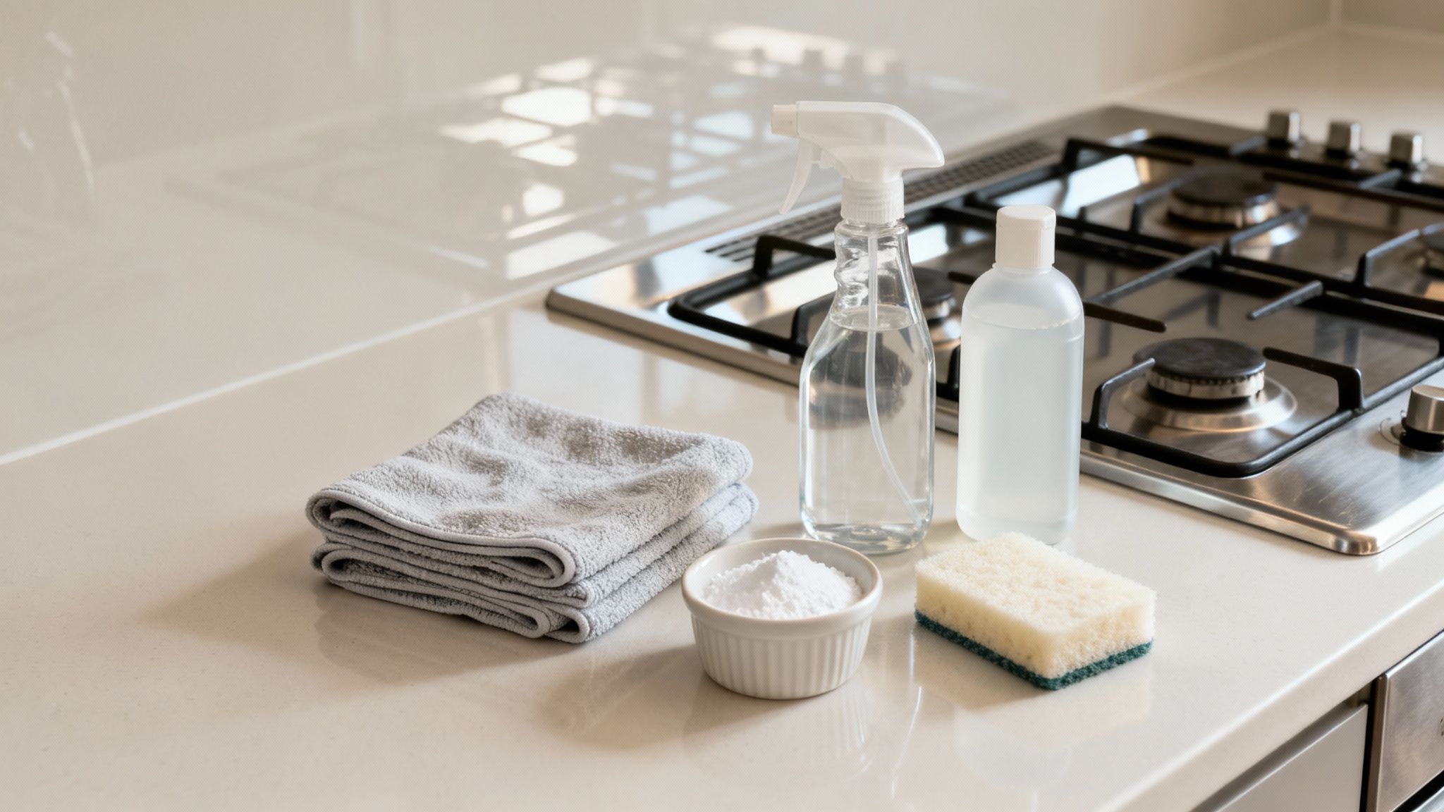 Cleaning supplies including cloths, baking soda, spray bottle, liquid, and sponge near a stainless steel stove.