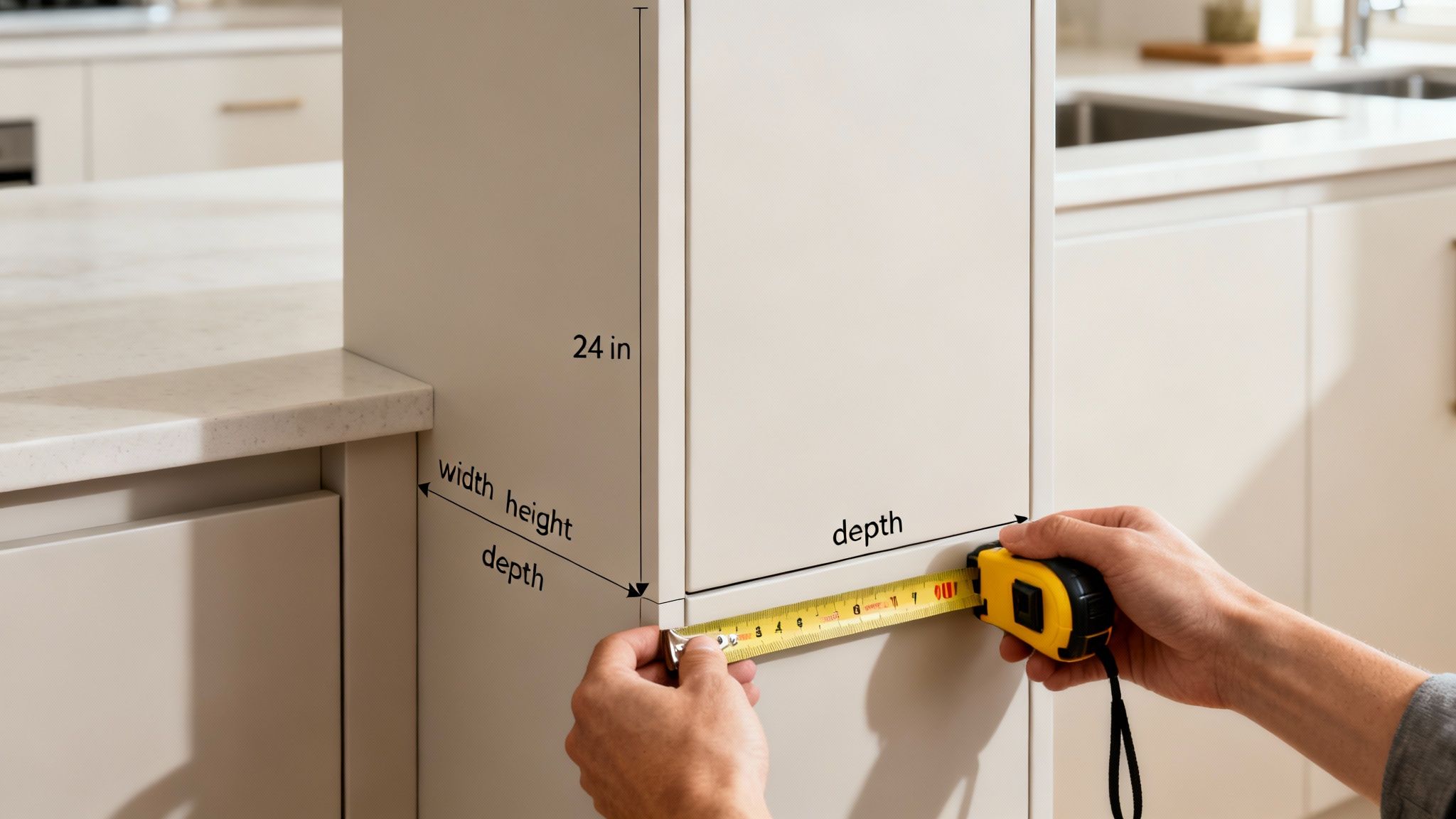 A person measures the depth of a modern kitchen counter with a tape measure.