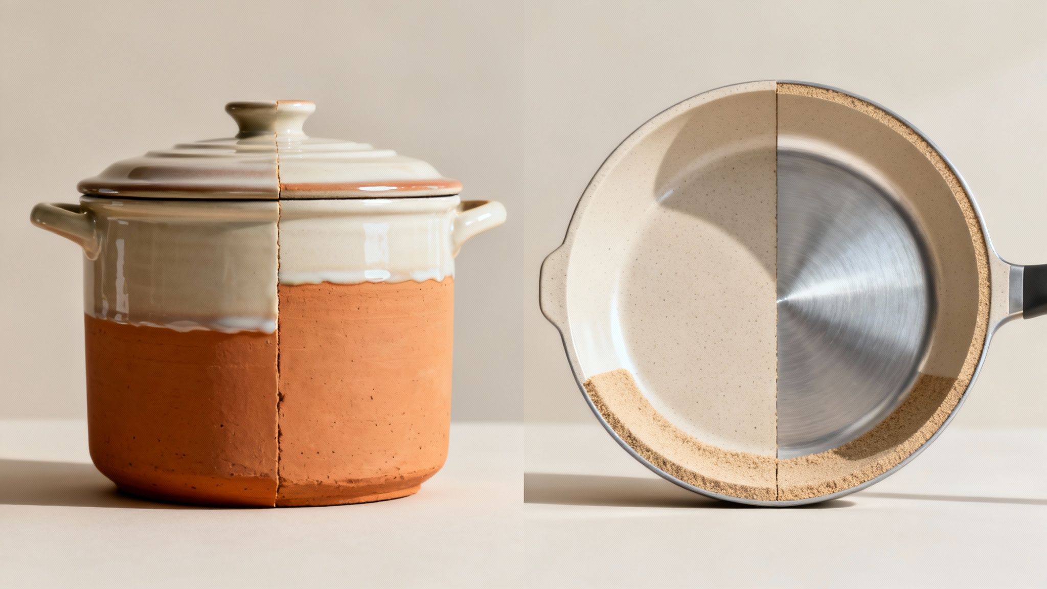 A close-up of a stylish white ceramic pan with a golden handle, sitting on a wooden surface.