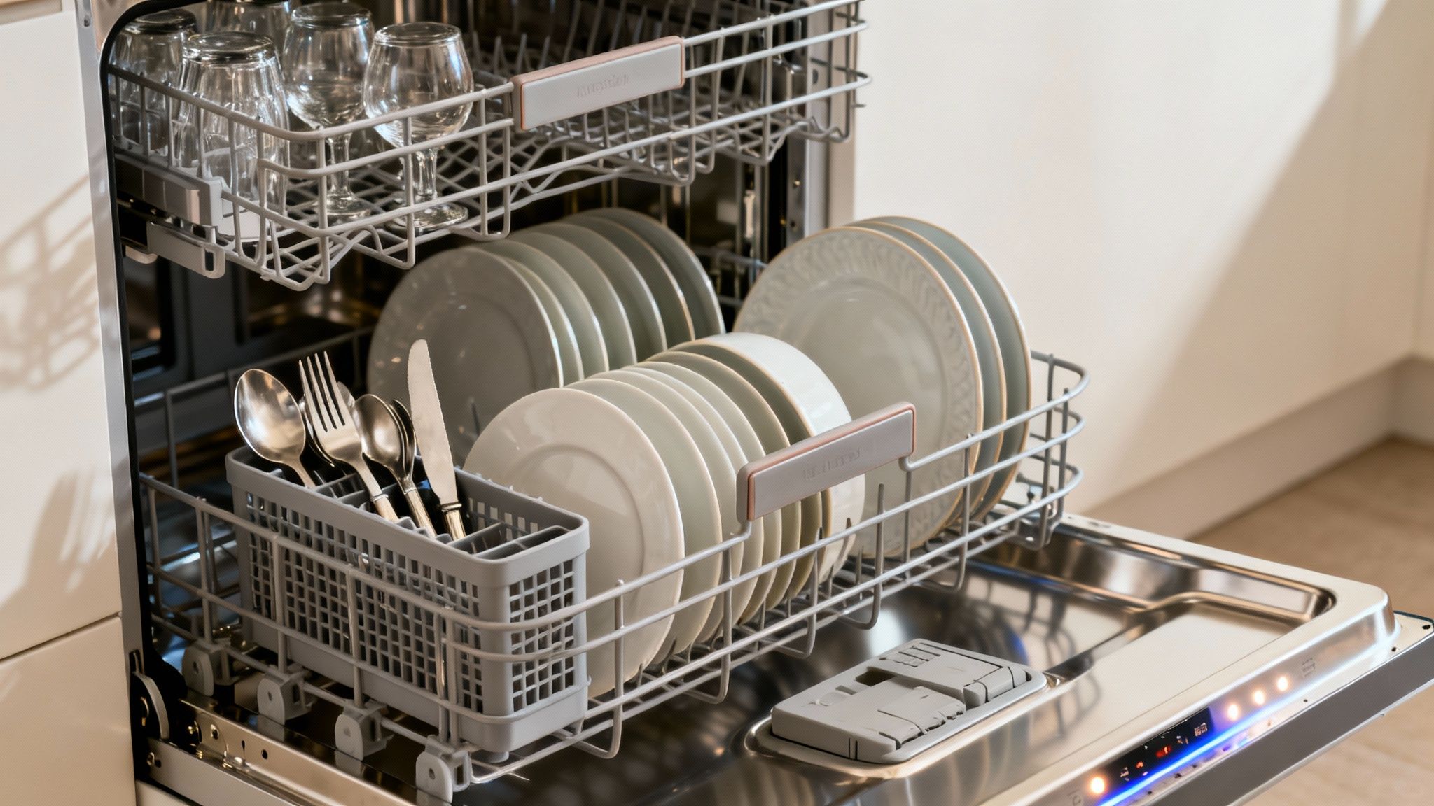 An open modern dishwasher is fully loaded with sparkling clean plates, glasses, and silverware, ready for use.