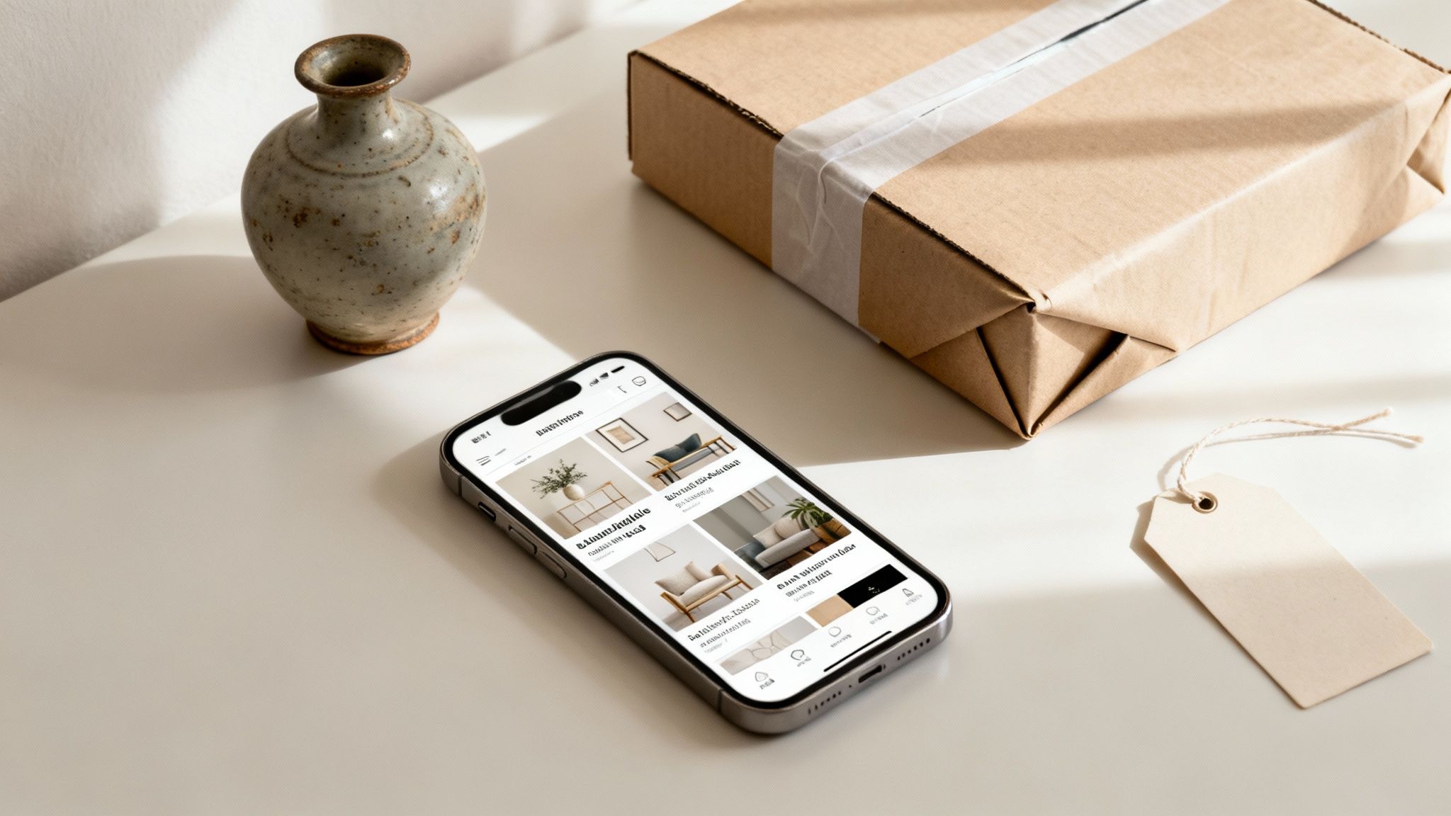A smartphone displaying an online home decor store, next to a package, a ceramic vase, and a blank tag.