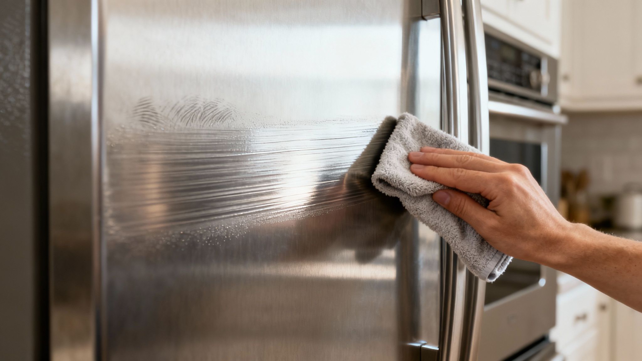 A modern stainless steel refrigerator in a clean kitchen.