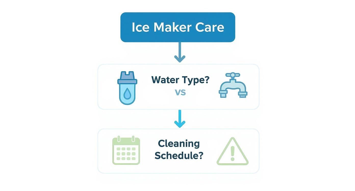 Infographic decision tree for ice maker care.