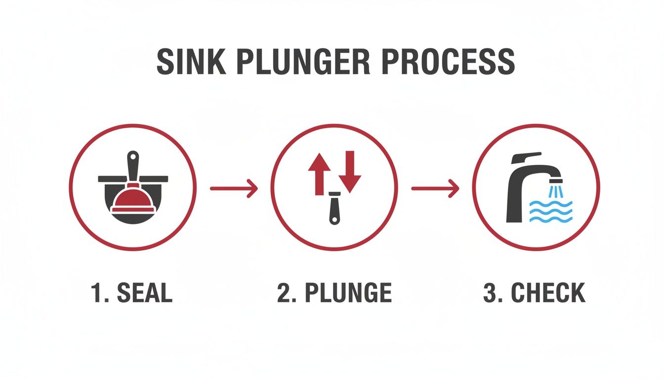 Diagram illustrating the 3-step sink plunger process: 1. Seal, 2. Plunge, 3. Check for a clear drain.