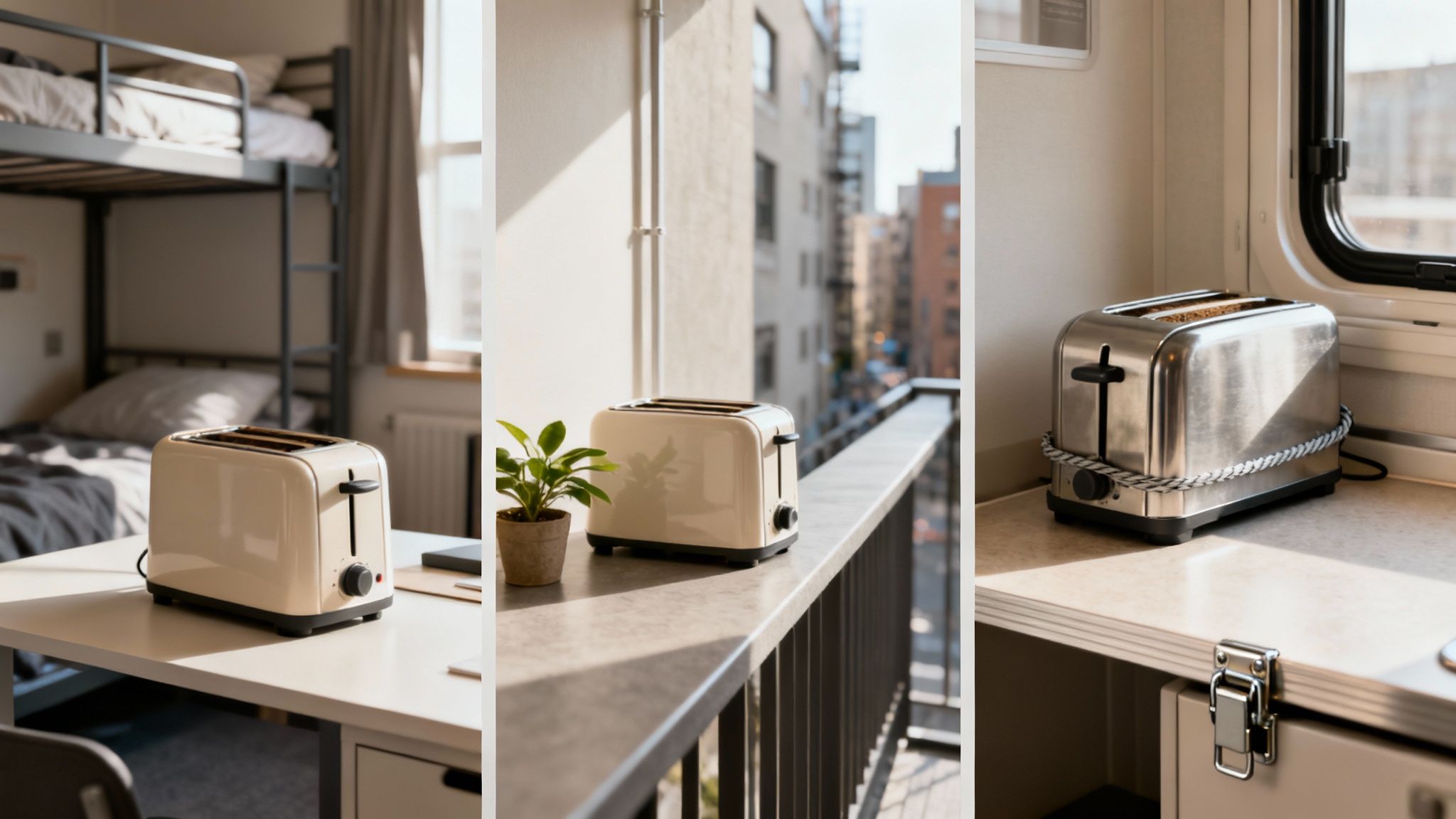 A small, stylish toaster on a modern kitchen counter