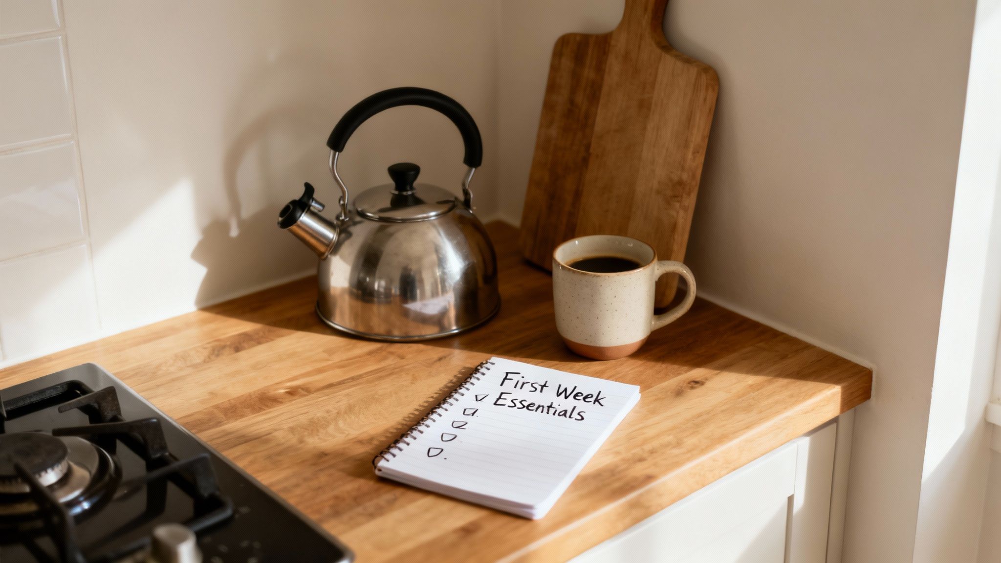 A bright kitchen corner featuring a kettle, coffee mug, and a notebook titled 'First Week Essentials' checklist.