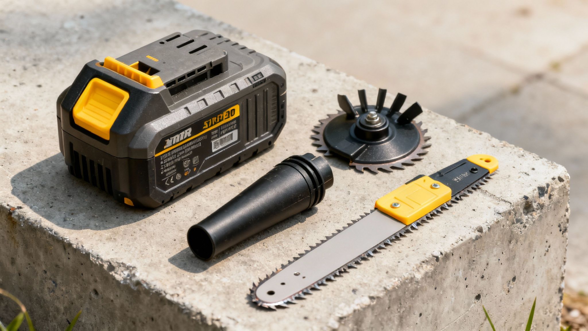 A person using a powerful DeWalt leaf blower to clear leaves from a backyard patio.