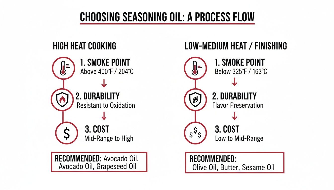 A process flow chart guiding the selection of seasoning oil for high heat versus low-medium heat cooking.