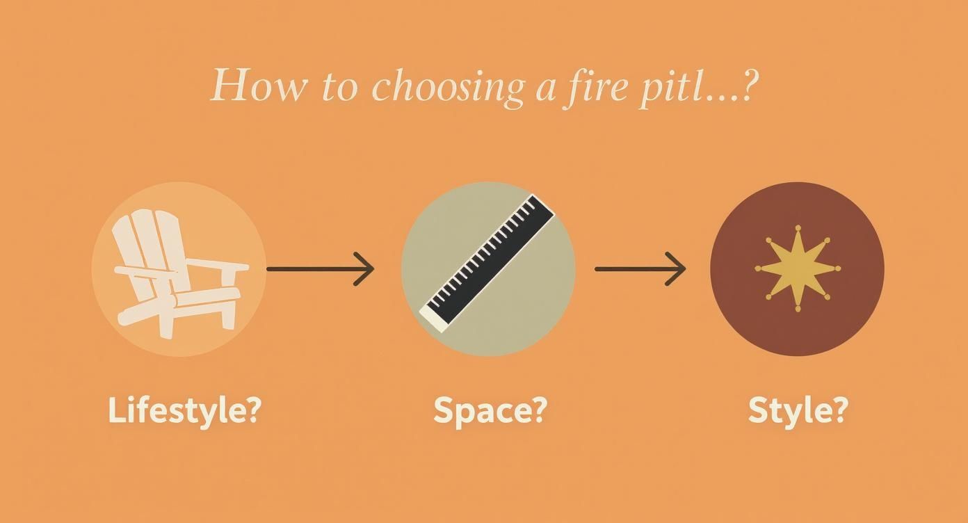 Flowchart illustrating how to choose a fire pit based on lifestyle, available space, and desired style.