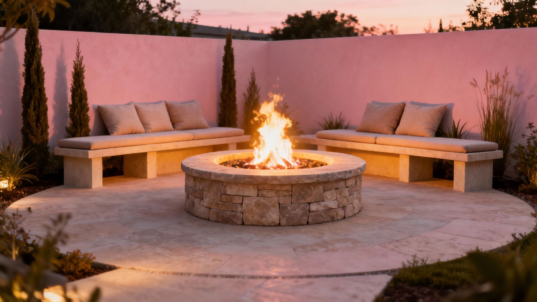 Cozy outdoor patio with stone fire pit, built-in benches, and warm lighting at sunset.
