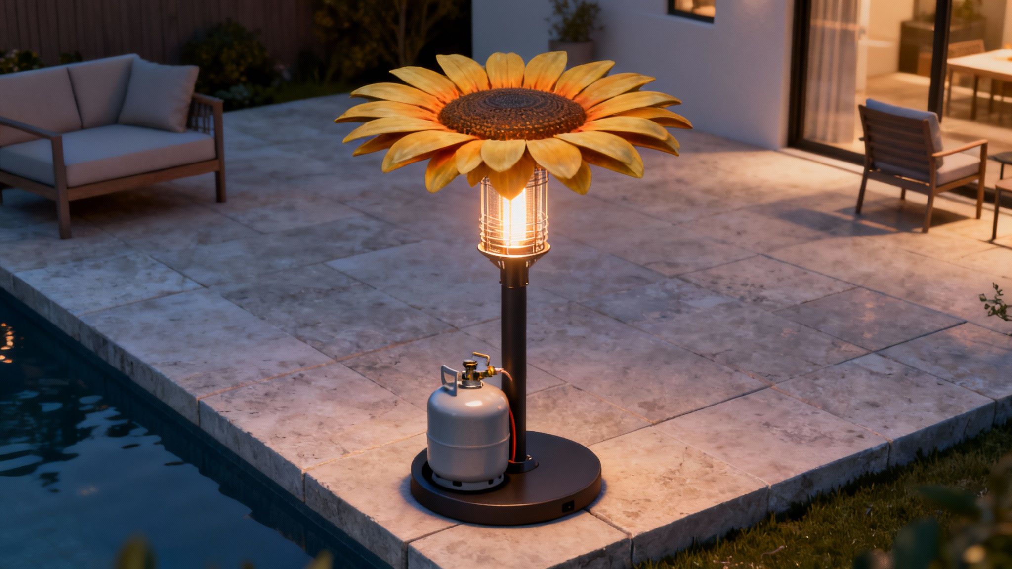 A unique sunflower-shaped patio heater with a glowing flame on a tiled patio by a pool at night.