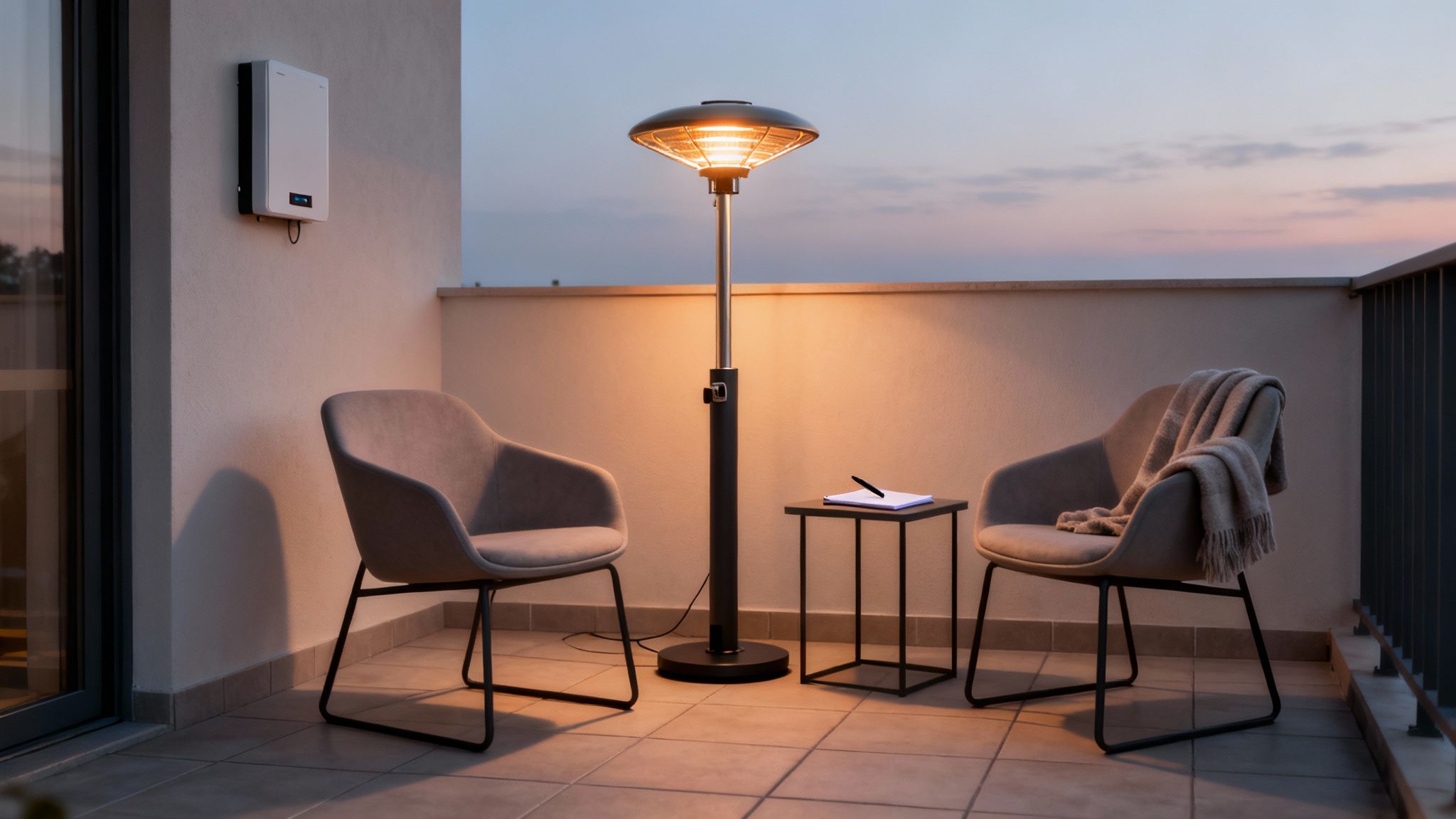 Modern electric patio heater illuminated between two chairs on outdoor balcony at dusk
