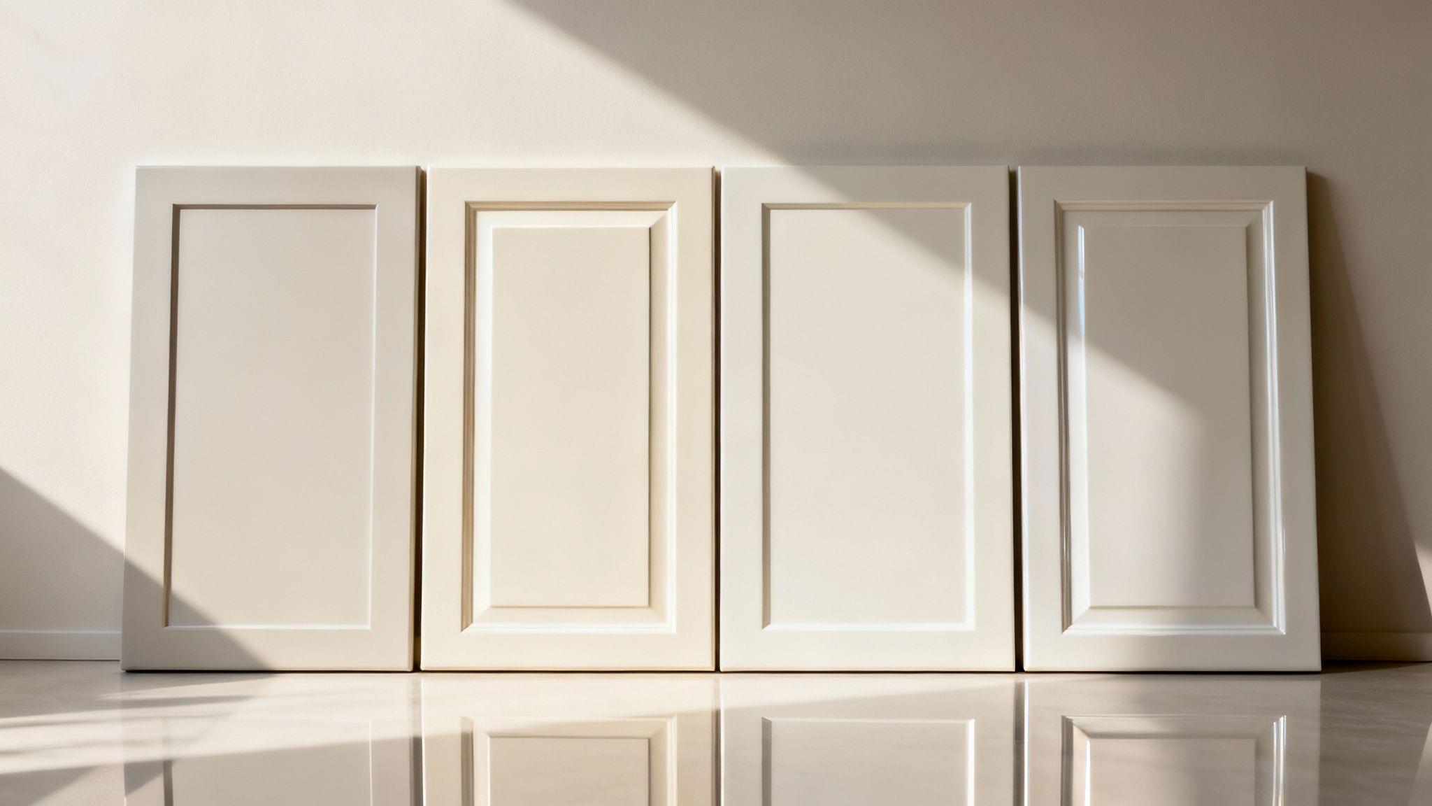 Modern white kitchen cabinets with a clean, subtle sheen.