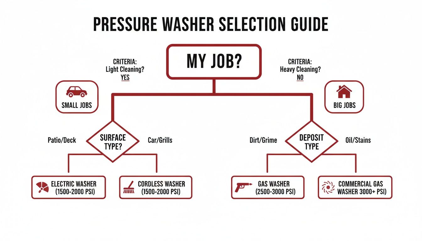 Pressure washer selection guide flowchart showing criteria for choosing electric, cordless, or gas washers.