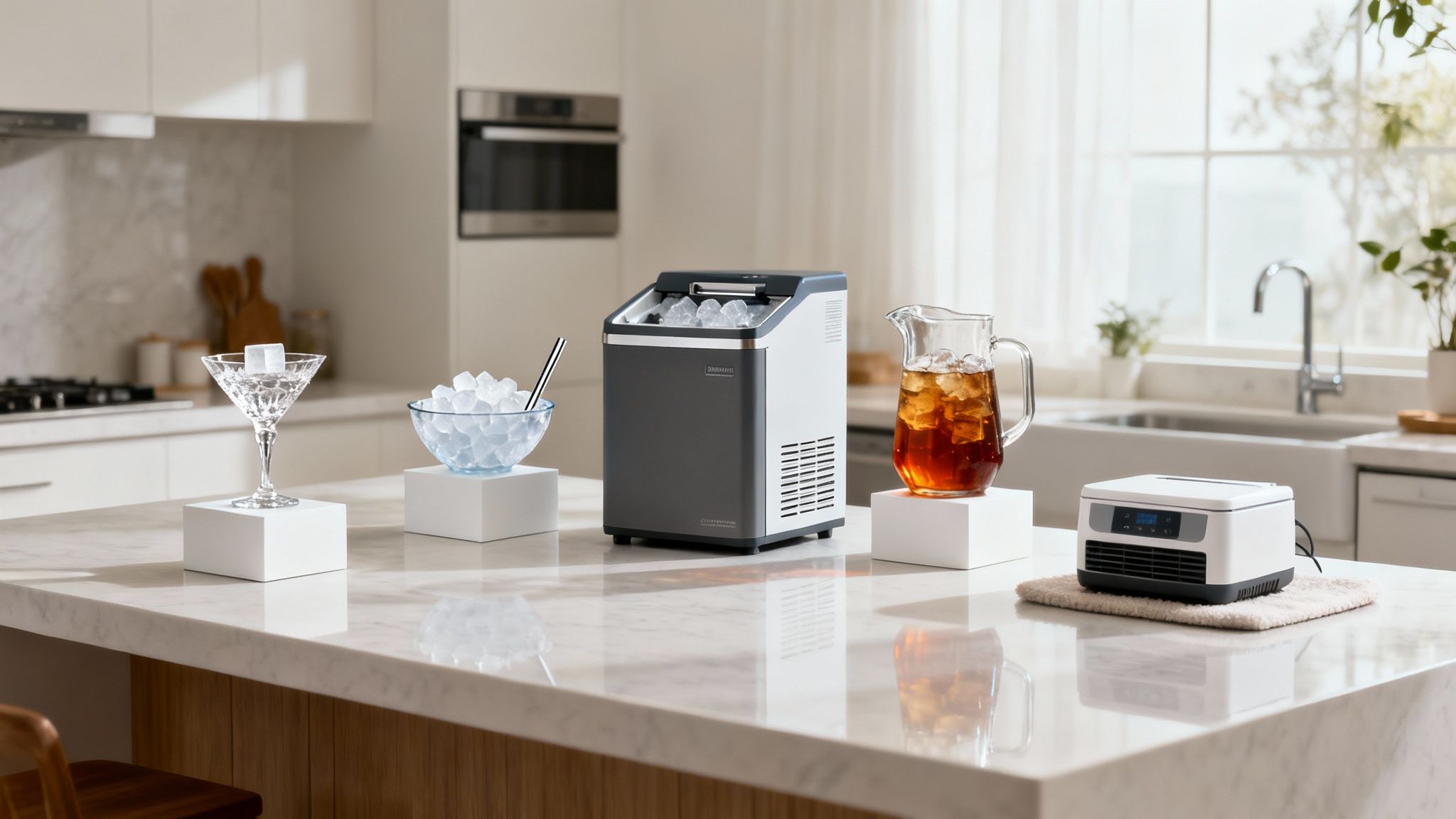 A selection of different ice makers displayed on a clean, modern kitchen counter.