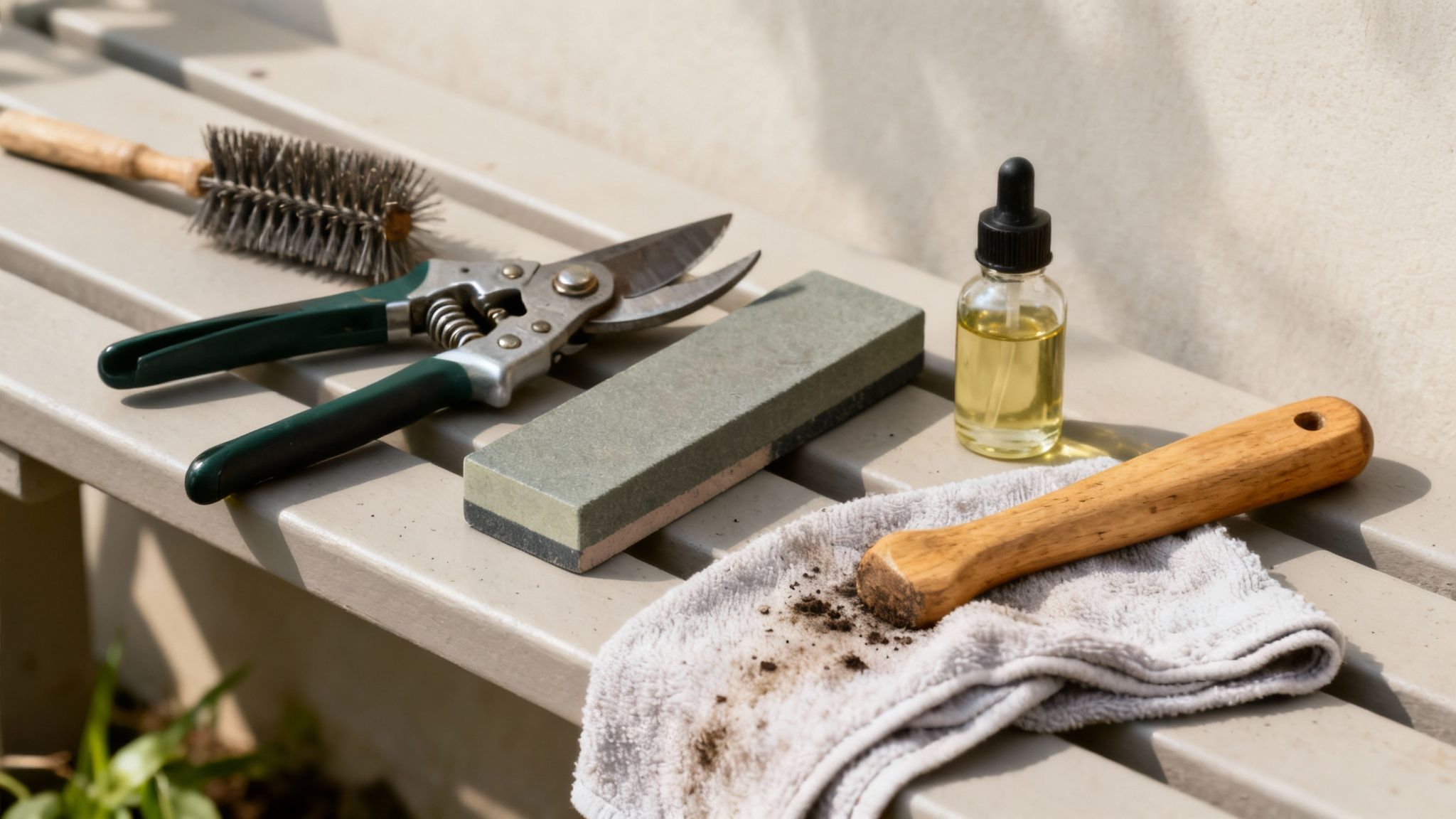 Various essential gardening tools and maintenance supplies including shears, a sharpening stone, oil, and brushes.