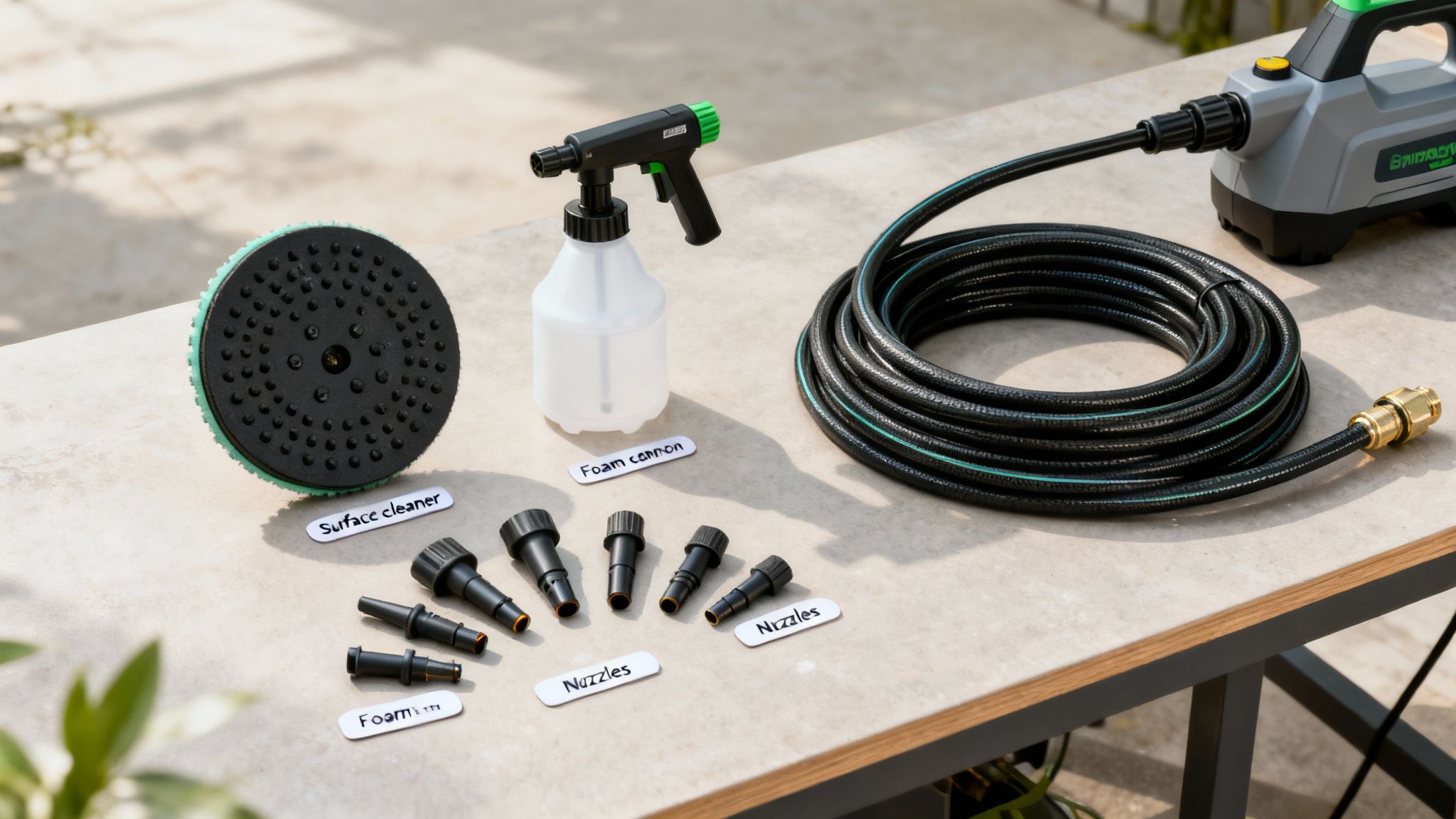 Pressure washer accessories including a surface cleaner, foam cannon, various nozzles, hose, and the main unit.