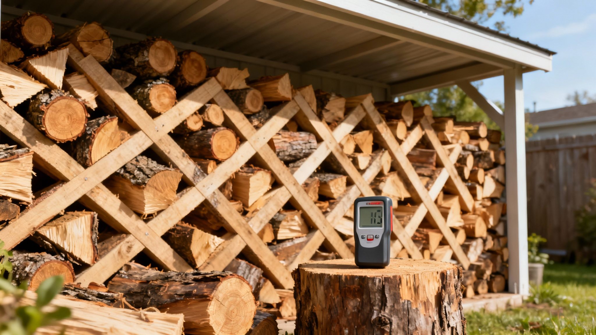 A wood moisture meter showing 11.9% on a stump next to a large, neatly stacked firewood pile.