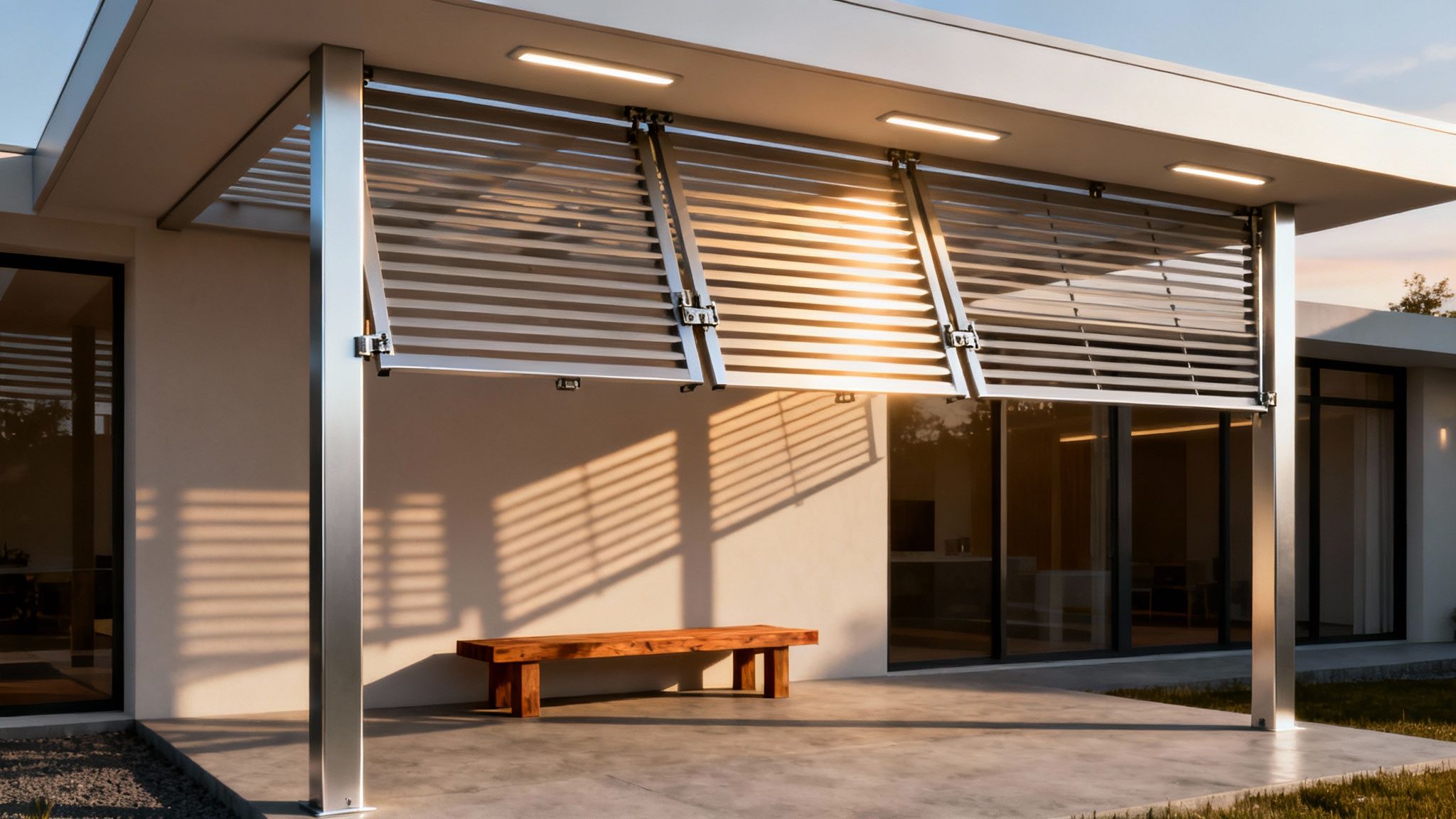 Modern louvered patio cover over a concrete patio with a wooden bench, casting striped shadows.