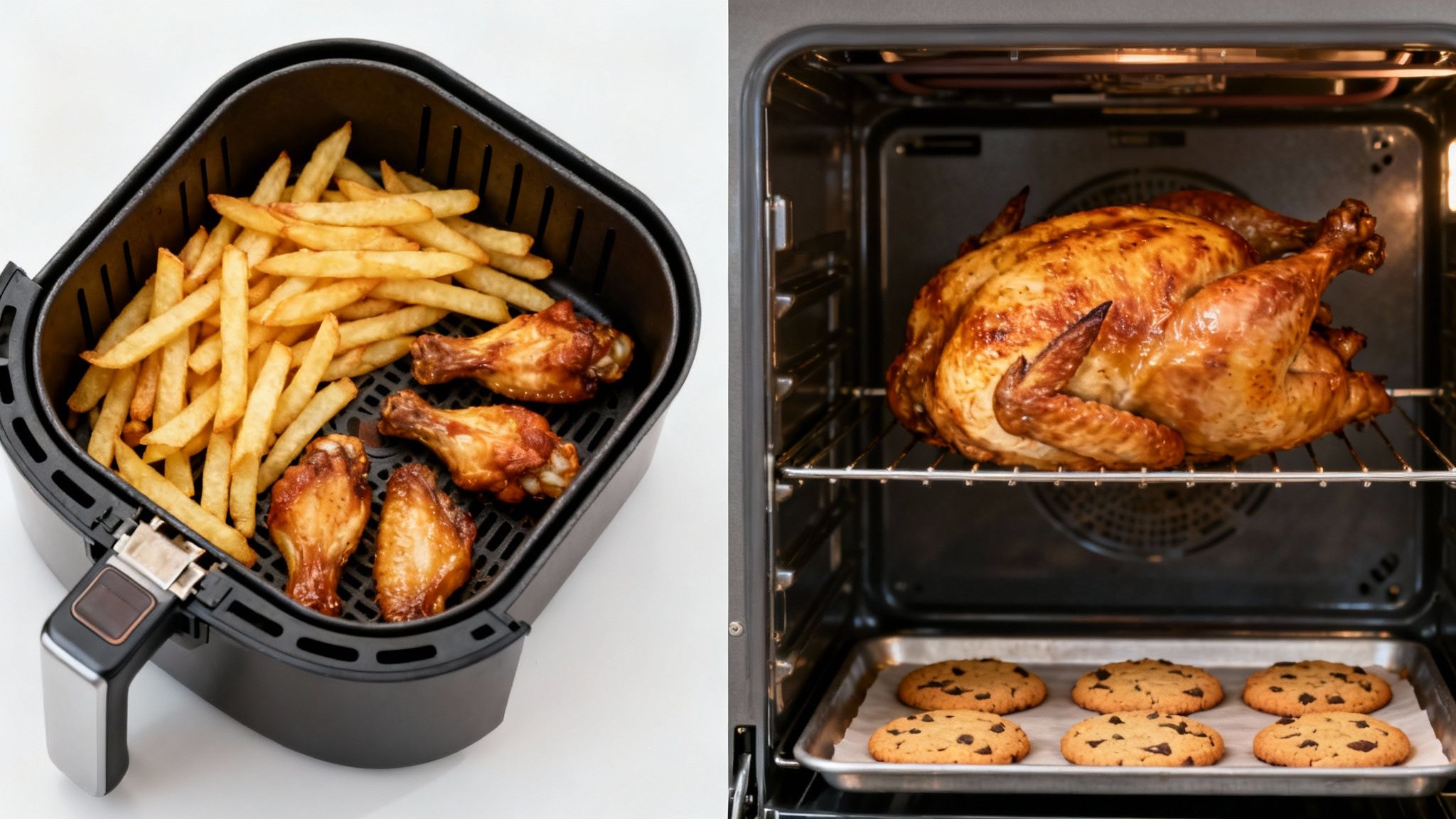 Air fryer with fries and chicken, and a convection oven with roasted chicken and cookies.