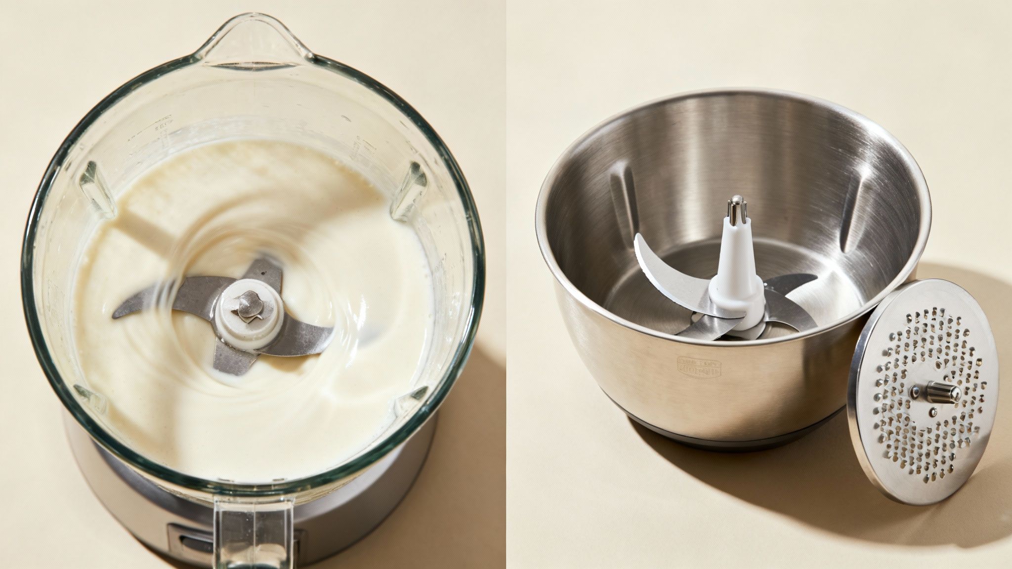 A close-up shot highlighting the distinct blade designs of a blender and a food processor, with their respective containers.