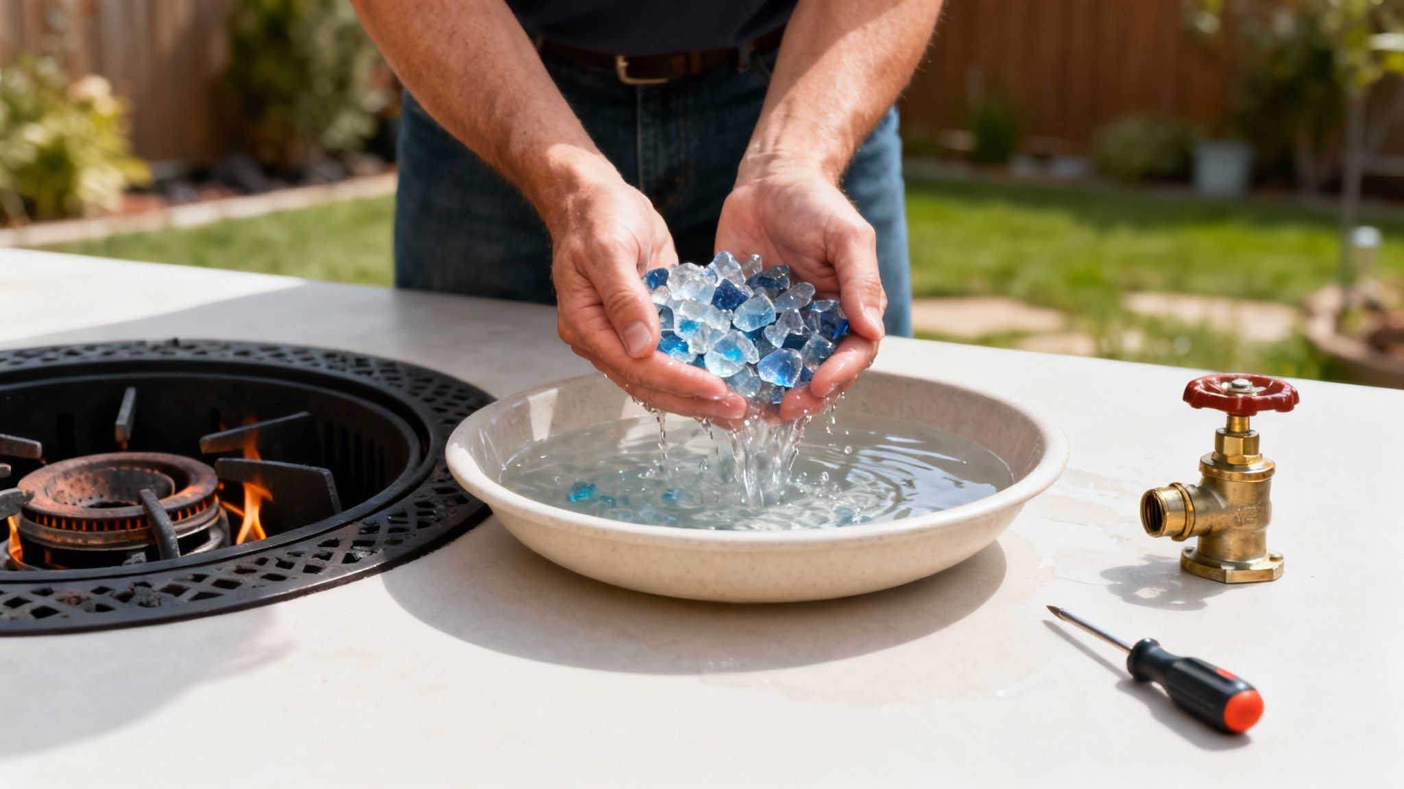 Hands washing shimmering blue and clear glass rocks in water, preparing them for a fire pit.