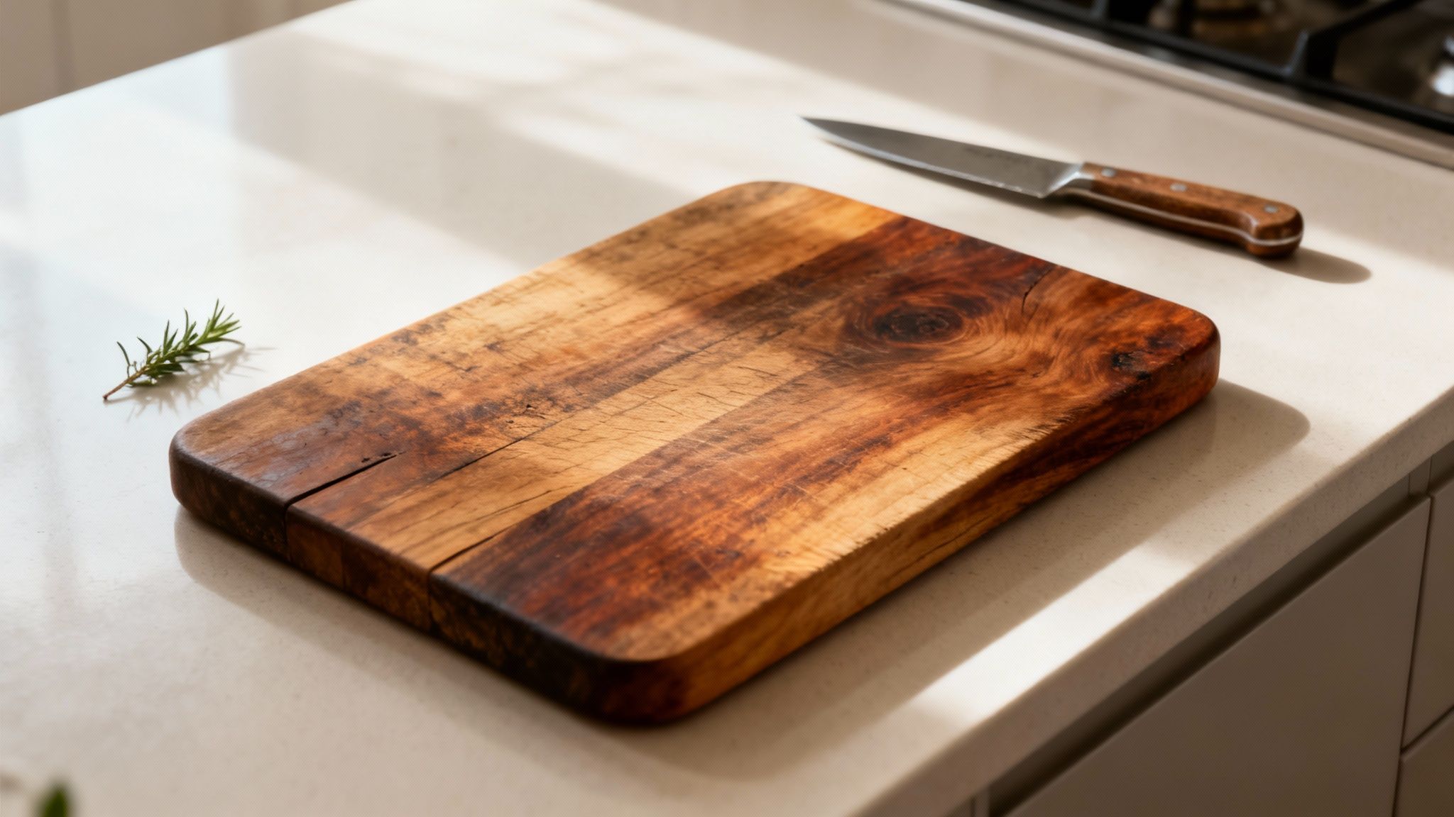 A rustic wooden cutting board with a knife and rosemary on a light kitchen countertop.