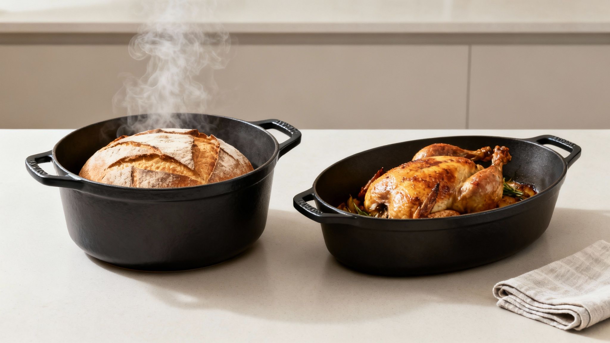 Two black cast iron Dutch ovens with fresh bread and roasted chicken on white countertop