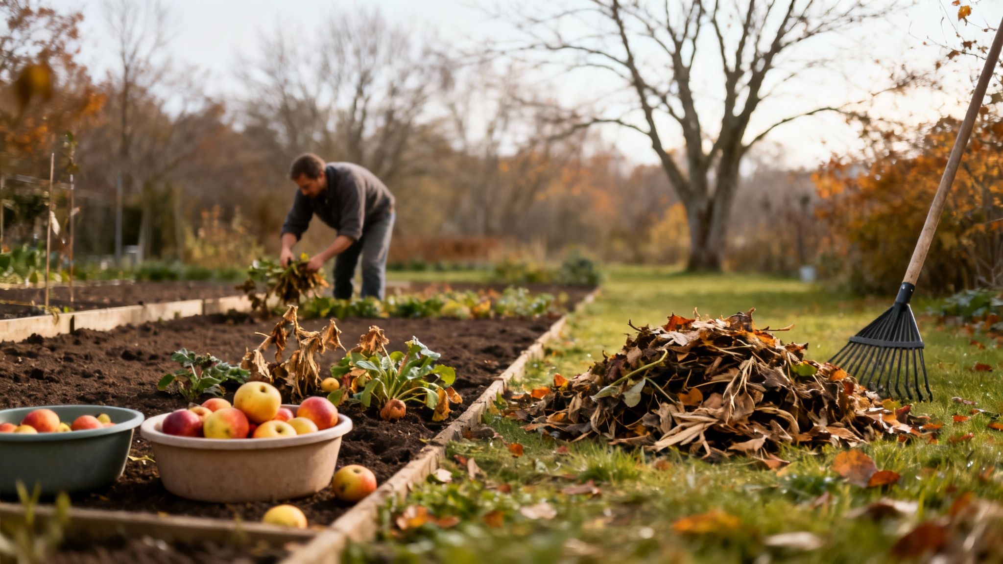 A person gardening in autumn, with harvested apples, a leaf pile, and rake in a garden.